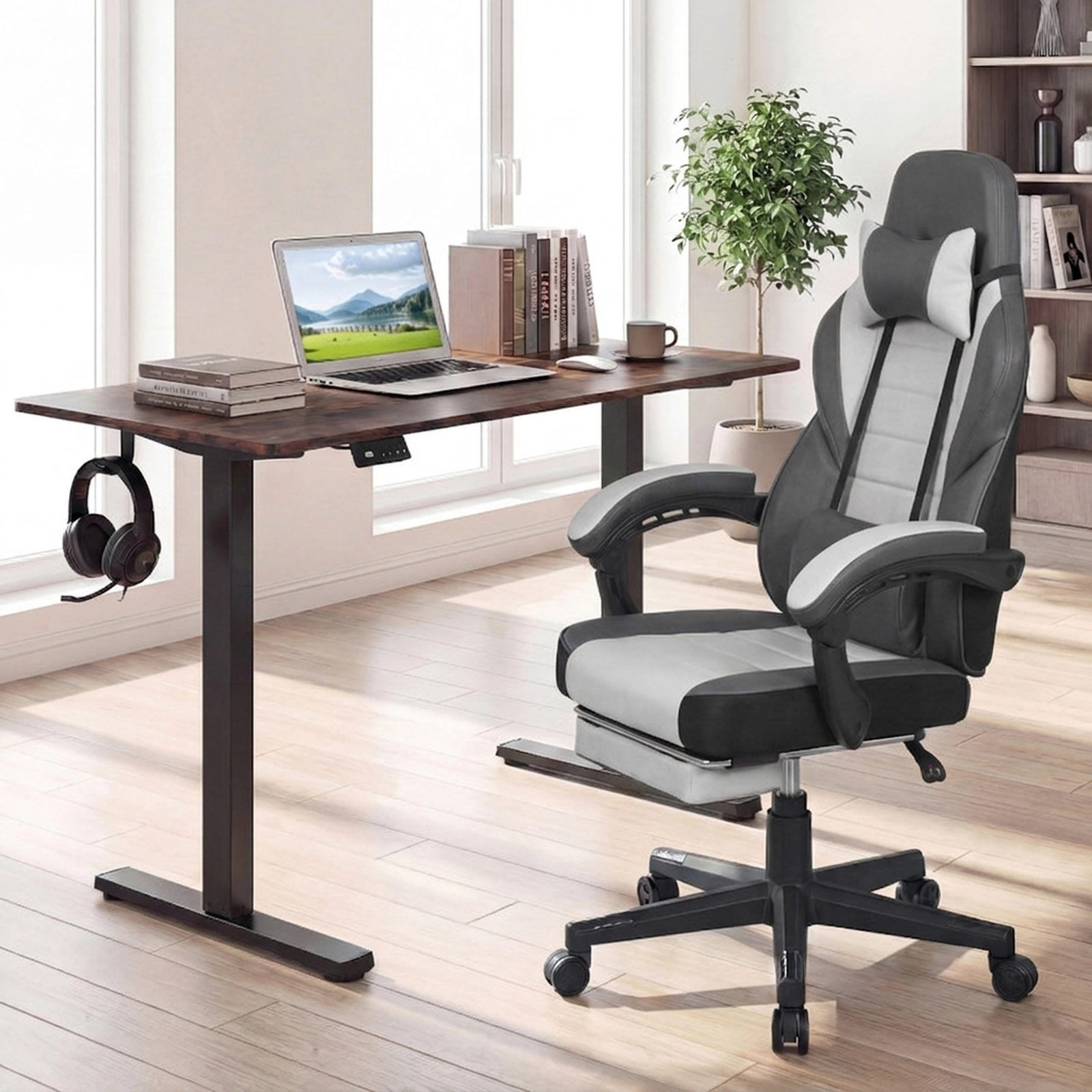 SUGIFT Gray Headrest Lumbar Support and 155-Degree Recline Ergonomic Video Game Chair