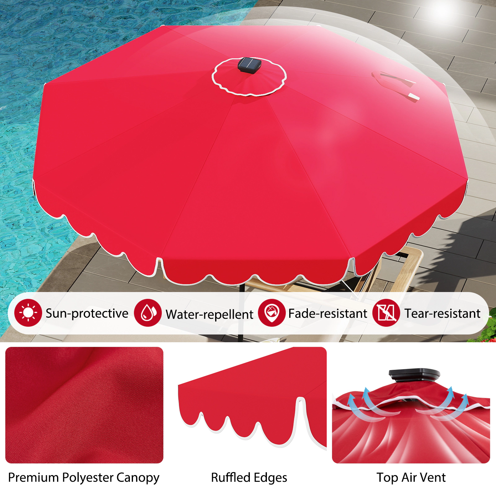 SUGIFT 10-ft Red Solar Patio Umbrella with 24 LED Lights Air Vent Crank Lift and 8 Wind-Resistant Metal Ribs
