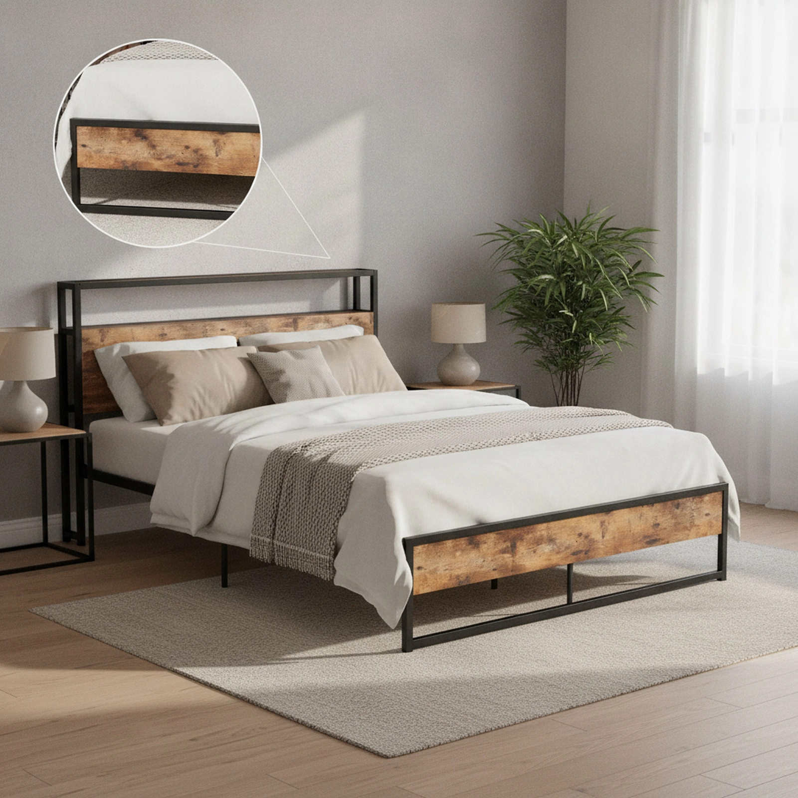 SUGIFT Full Size Metal Platform Bed with Storage Headboard, Charging Station and 2 Drawers, Rustic Brown