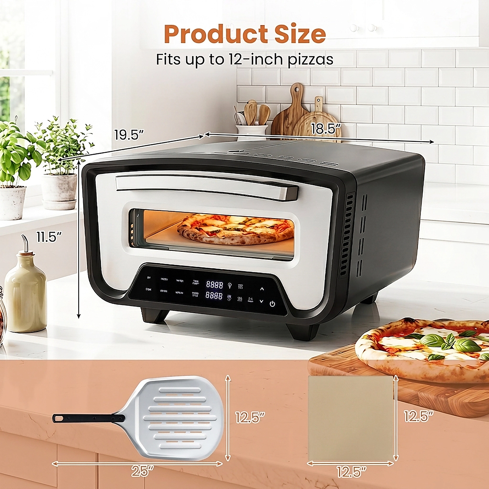 SUGIFT Dual Heating Zone Indoor Electric Pizza Oven 1700W 850 F Max 8 Presets 12.5-in Stone for 12-in Pizzas Black