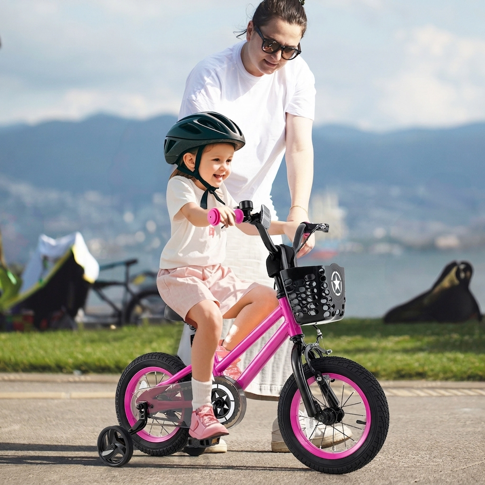 12-in Kids Bike Front Basket Quick-Release Adjustable Seat and Removable Training Wheels Ages 3-4 Dual Brakes Pink