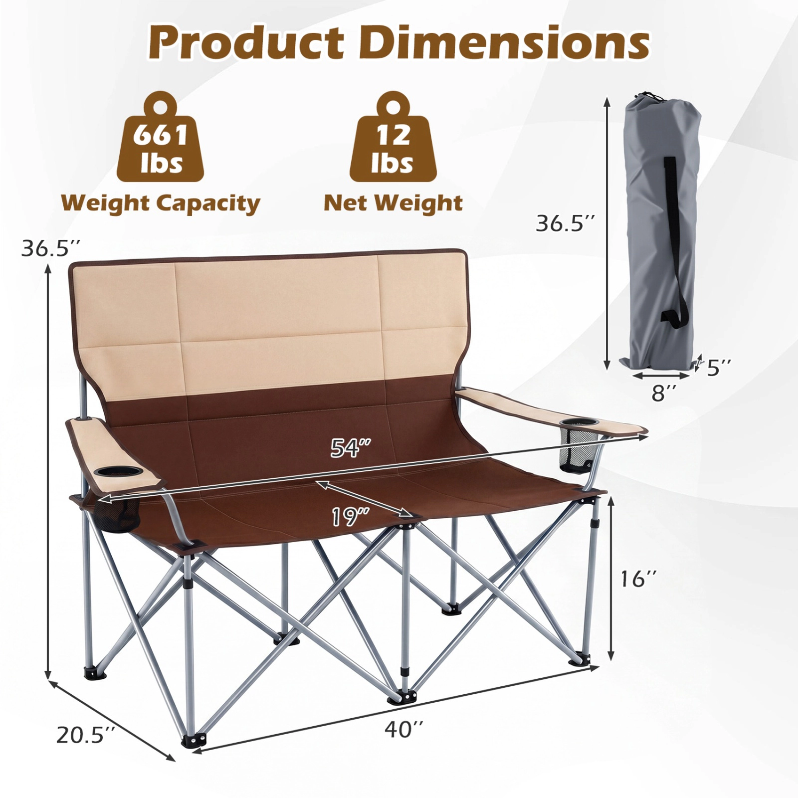 SUGIFT Folding Double Camping Chair with Carry Bag and Cup Holders 660-lb Capacity Brown + Khaki