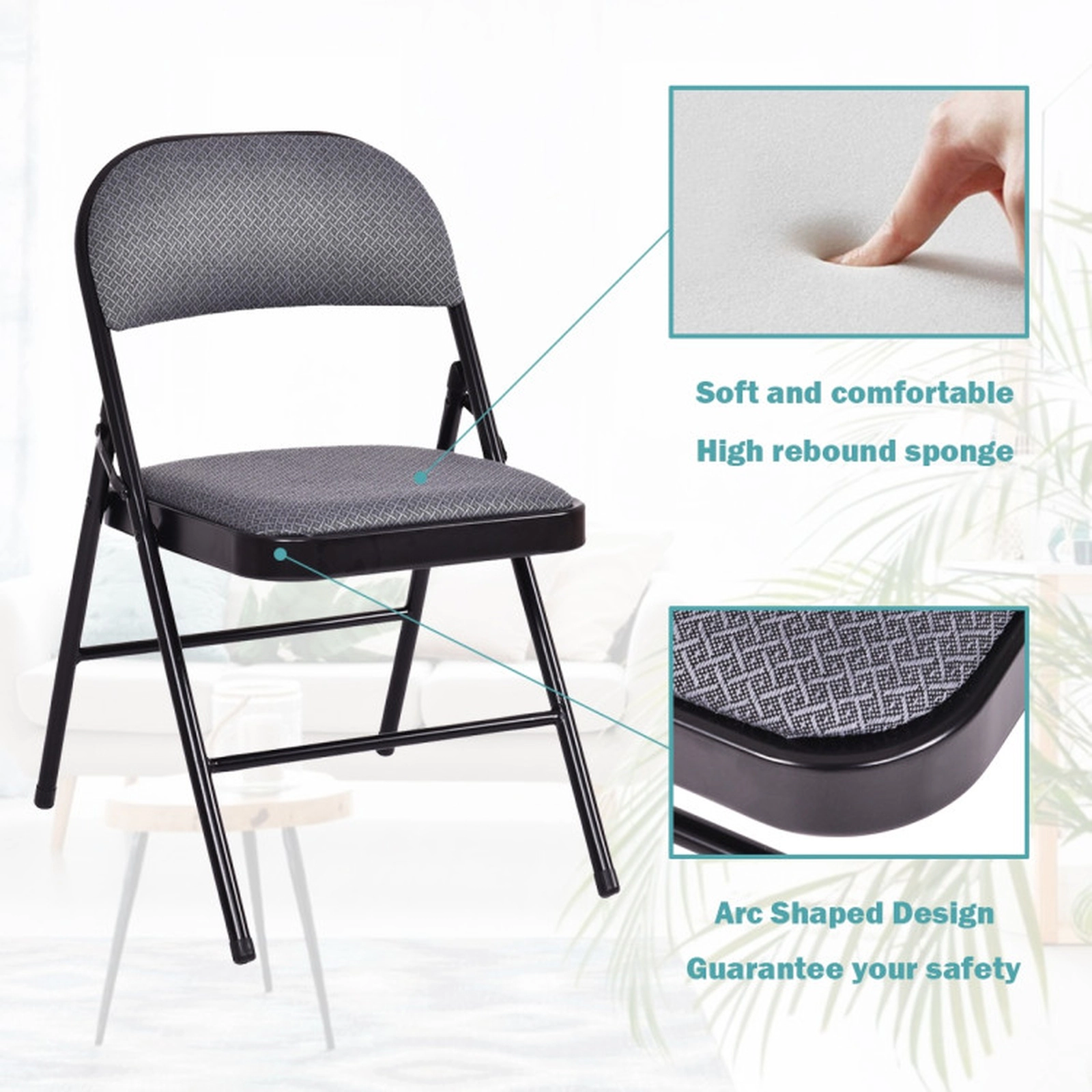 SUGIFT Set of 4 Fabric Upholstered Padded Seat Metal Frame Folding Chairs 18-in x 20-in x 30-in 265-lb Capacity Black