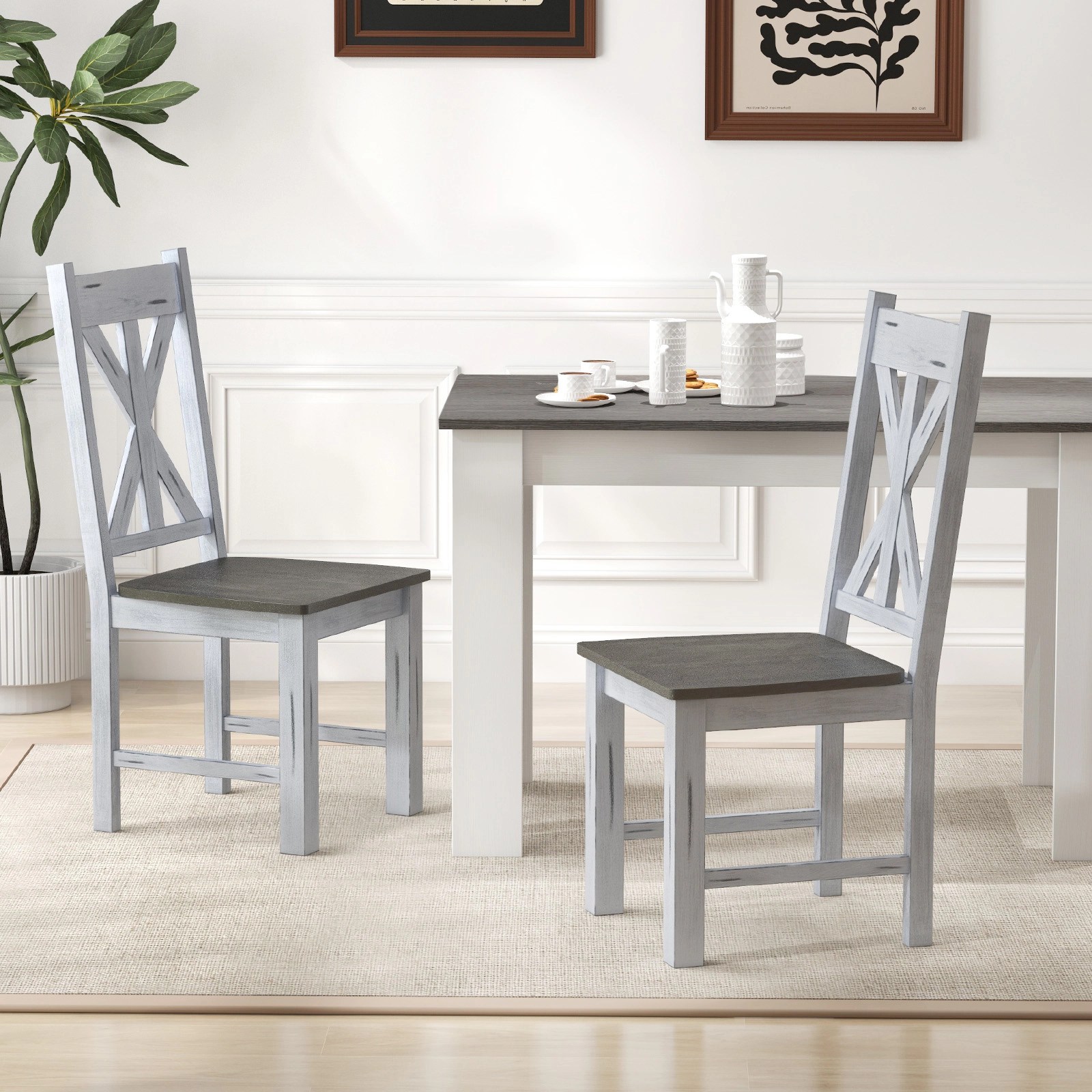 SUGIFT Farmhouse Rubber Wood Dining Chair Set of 2 with Hollowed Backrest 330-lb Capacity White Gray
