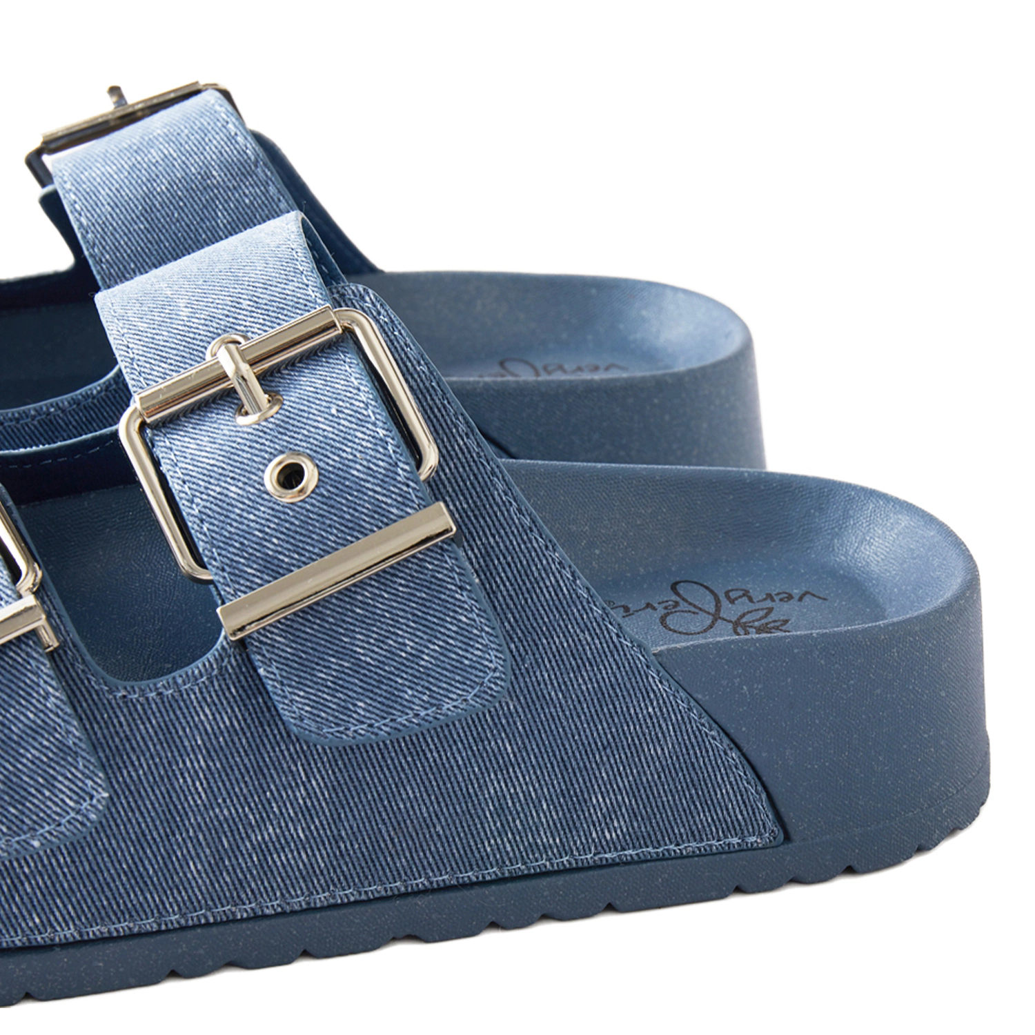 Roxoni Women's Open Toe Denim Double Adjustable Buckle Sandal Slipper