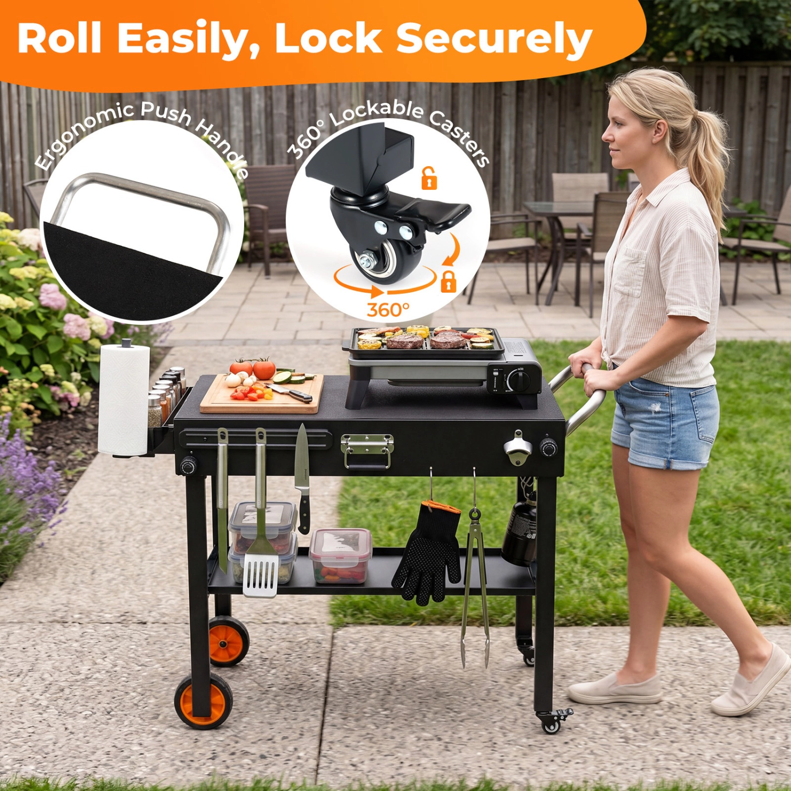 SUGIFT 330-lb Capacity Black Folding Grill Cart with Heat-Resistant Mat 360-Degree Casters and 6 Hooks