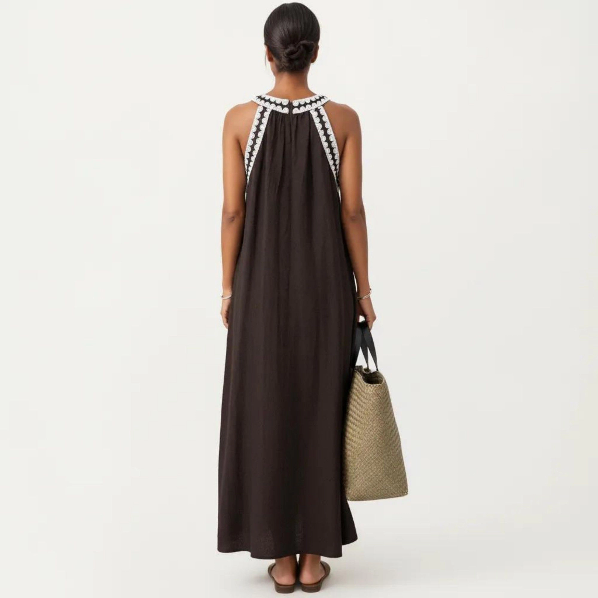 Anna-Kaci Womens Sleeveless Halter Neck Contrast Trim Maxi Dress