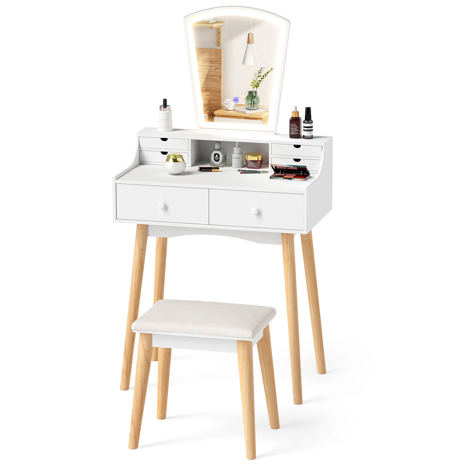 SUGIFT Vanity Desk Set White with 3-Color LED Lighted Mirror Stool and Drawers