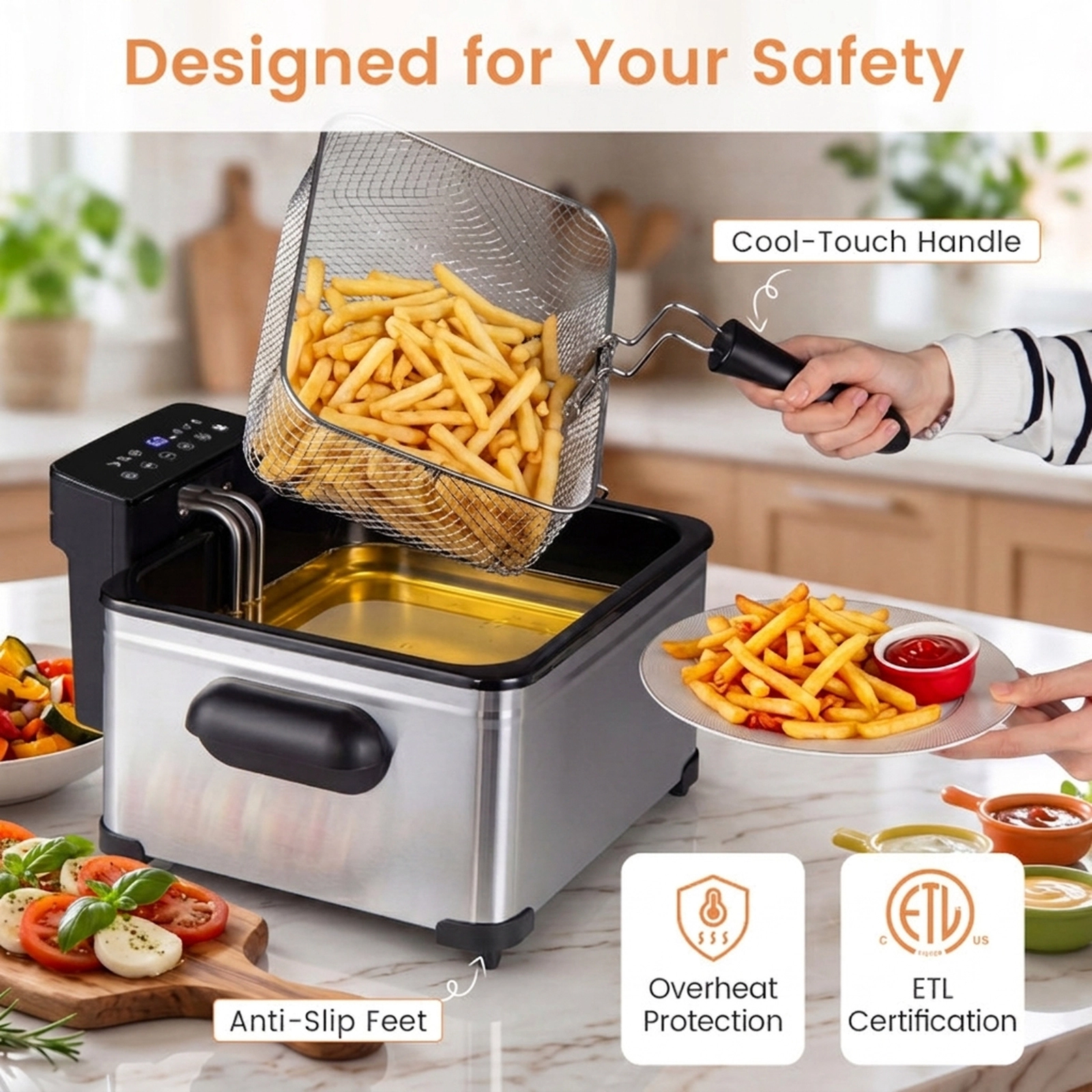 SUGIFT Silver Electric Deep Fryer with 3 Baskets LED Touch Screen and 6 Presets 5.3-Qt 1700W 13.5-in W 14-in D