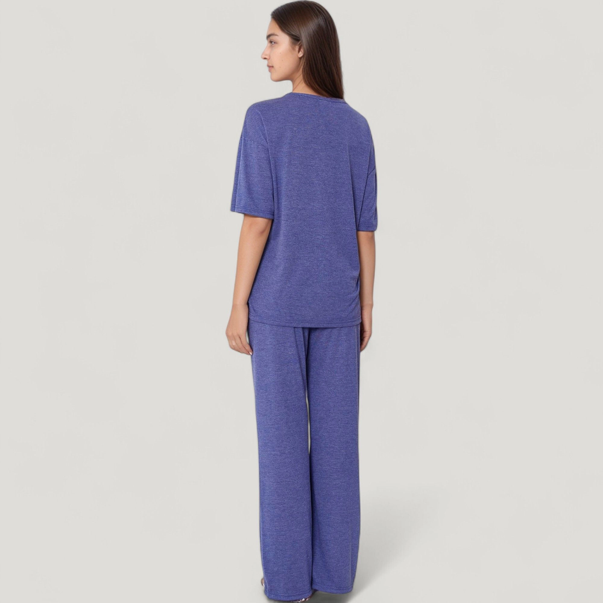 Anna-Kaci Women's Short Sleeve V-Neck Pajama Set with Relaxed Fit Knit Top and Wide Leg Lounge Pants