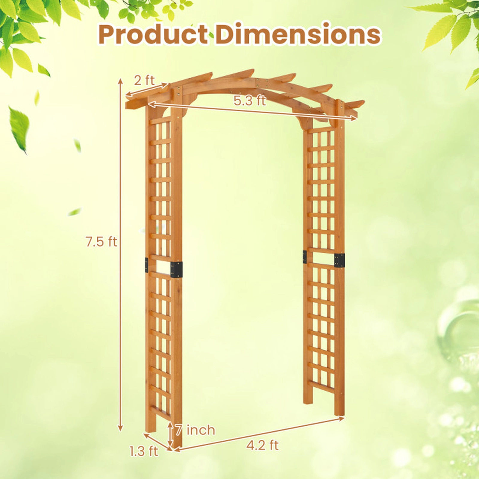 SUGIFT 7.5-Ft Orange Wooden Garden Arch Arbor with Lattice Trellises and Hanging Roof 63-in W 24-in D 90-in H