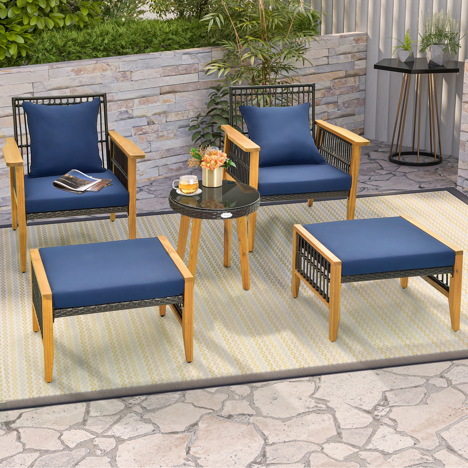 LJG 5 Piece Patio Furniture Set with Coffee Table and 2 Ottomans