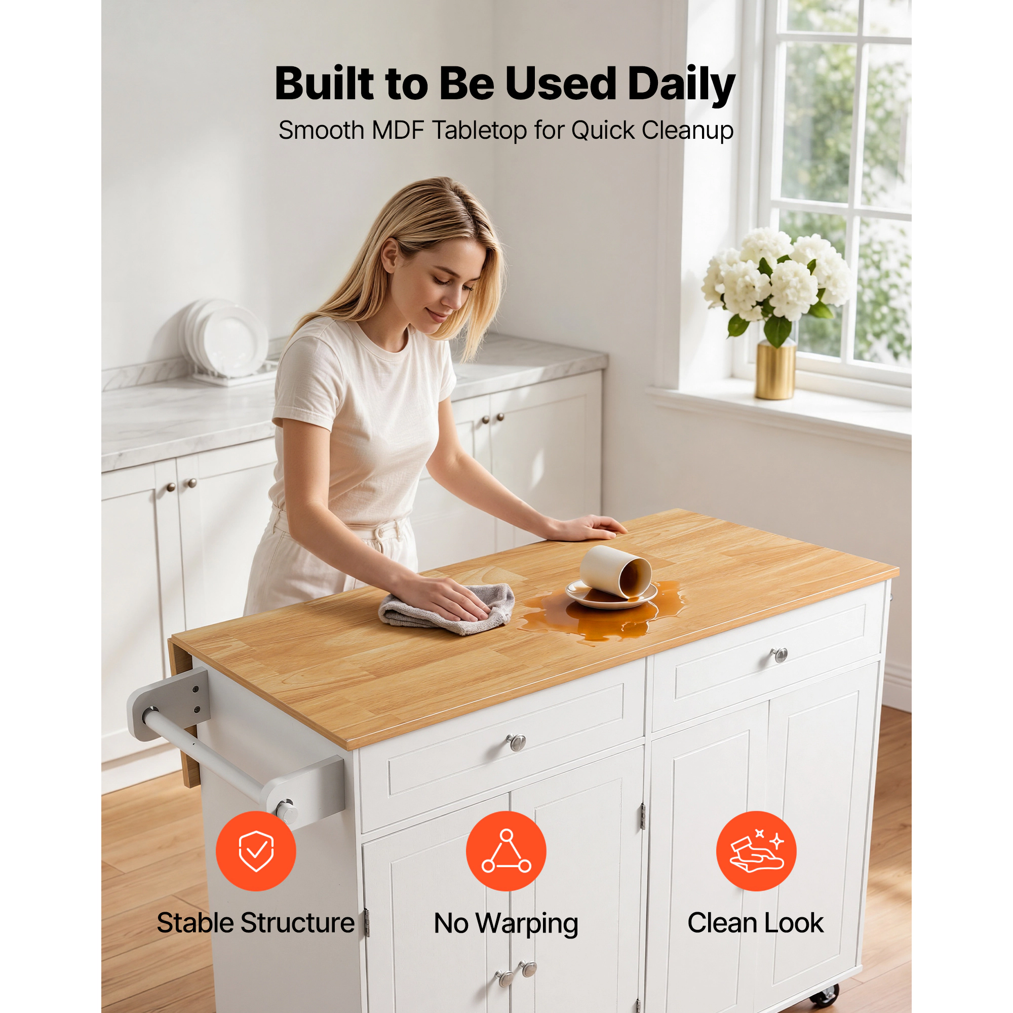 HONGGE Kitchen Island Cart with Storage Mobile Rolling on Swivel Wheels 2 Drawers Cabinet