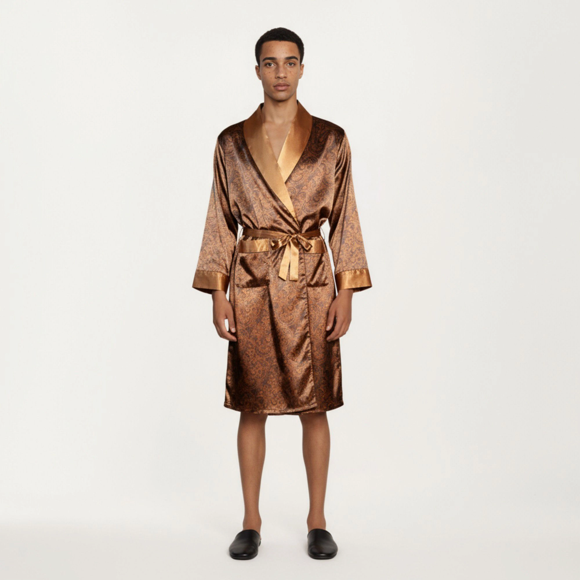 Anna-Kaci Men's Paisley Print Satin Robe with Contrast Shawl Collar and Waist Tie