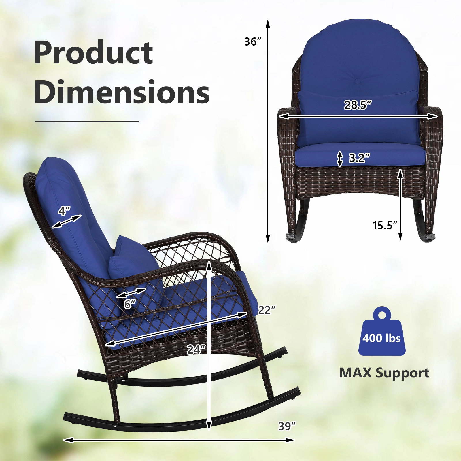 SUGIFT Outdoor PE Rattan Rocking Chair, 400 lb Capacity, Cushions and Lumbar Pillow