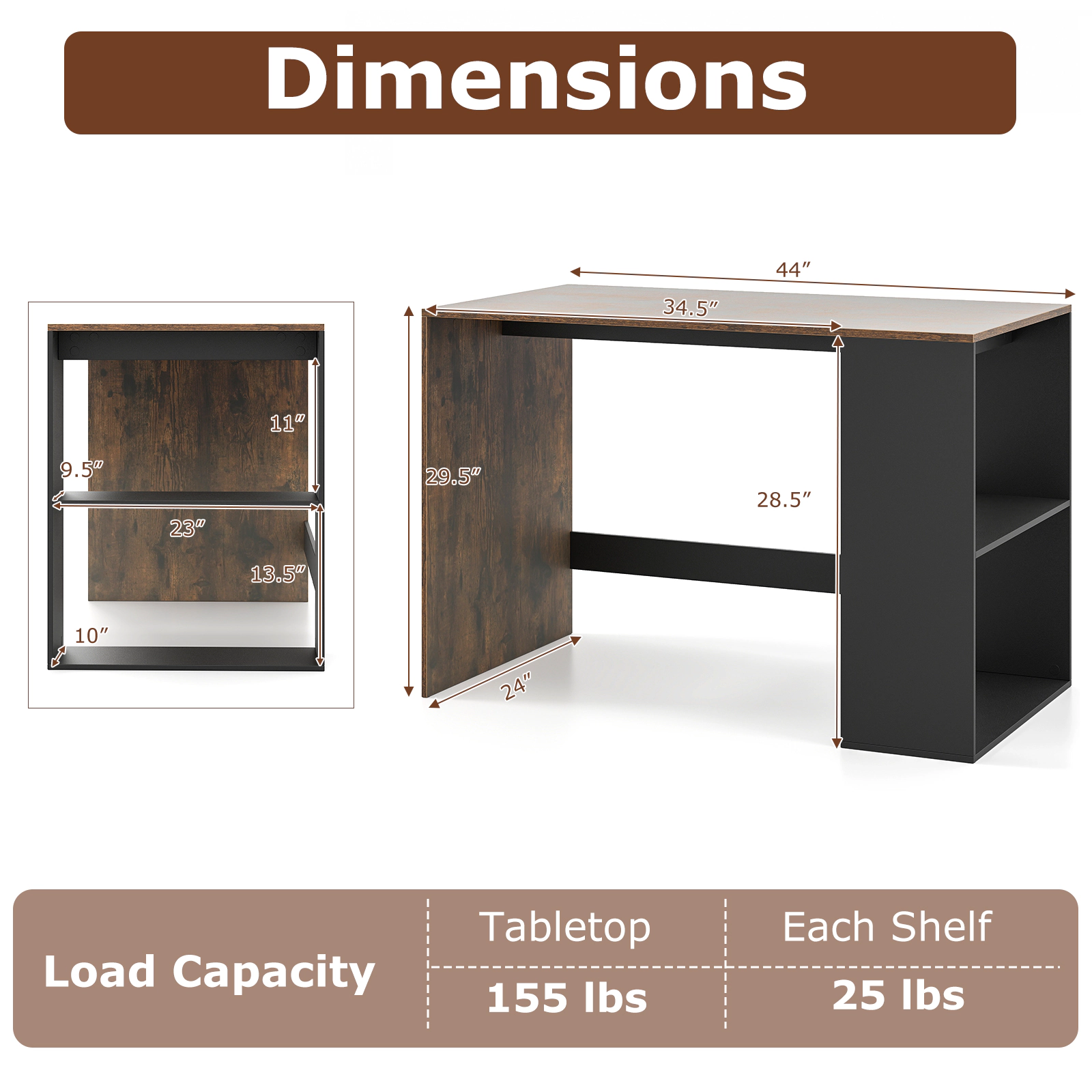 SUGIFT 44-In Computer Desk with 2-Tier Bookshelf 155-lb Tabletop Capacity Rustic Brown and Black