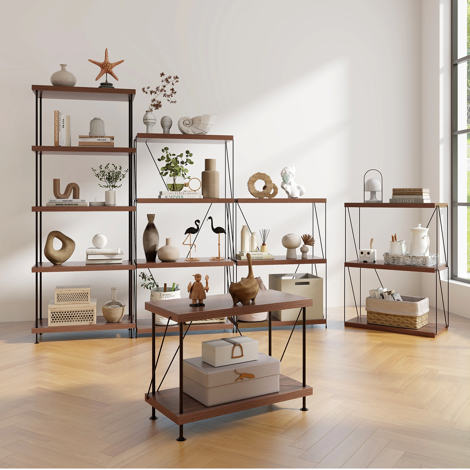SUGIFT Walnut 3-Tier Multipurpose Display Rack 58 in with Metal Frame