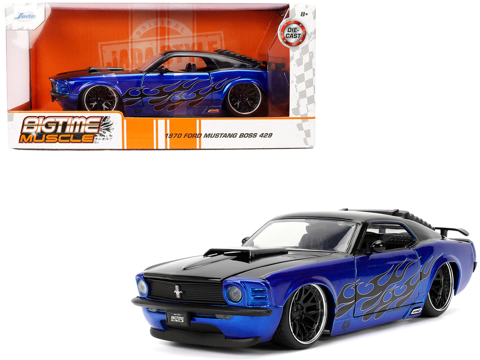 Jada 1970 Ford Mustang Boss 429 Black and Blue Metallic with Flames "Bigtime Muscle" Series 1/24 Diecast Model