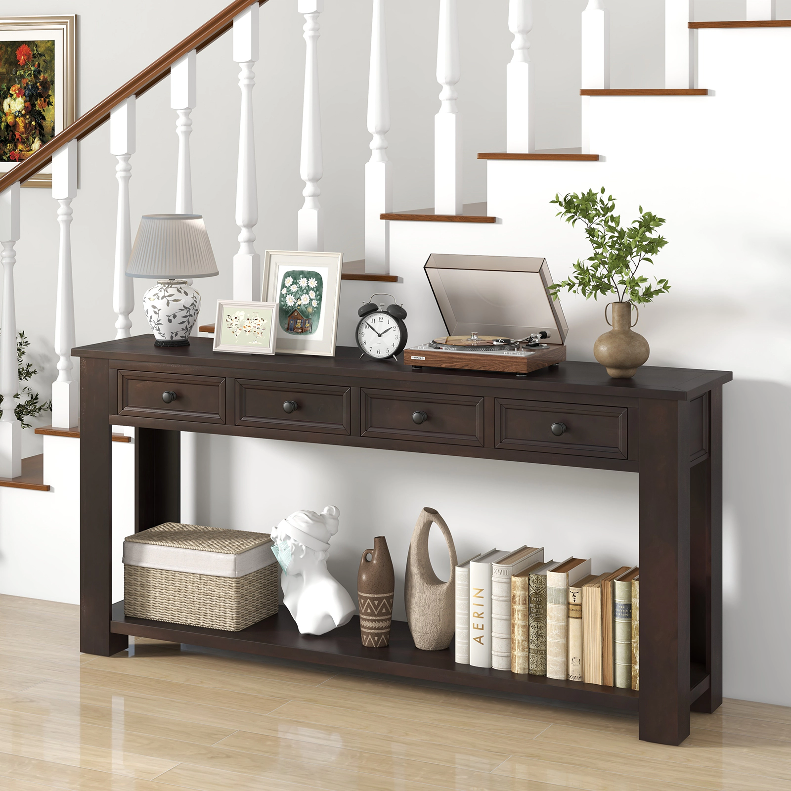 SUGIFT 63-in 220-lb Capacity Espresso Farmhouse Console Table with 4 Pre-Assembled Drawers and Open Shelf