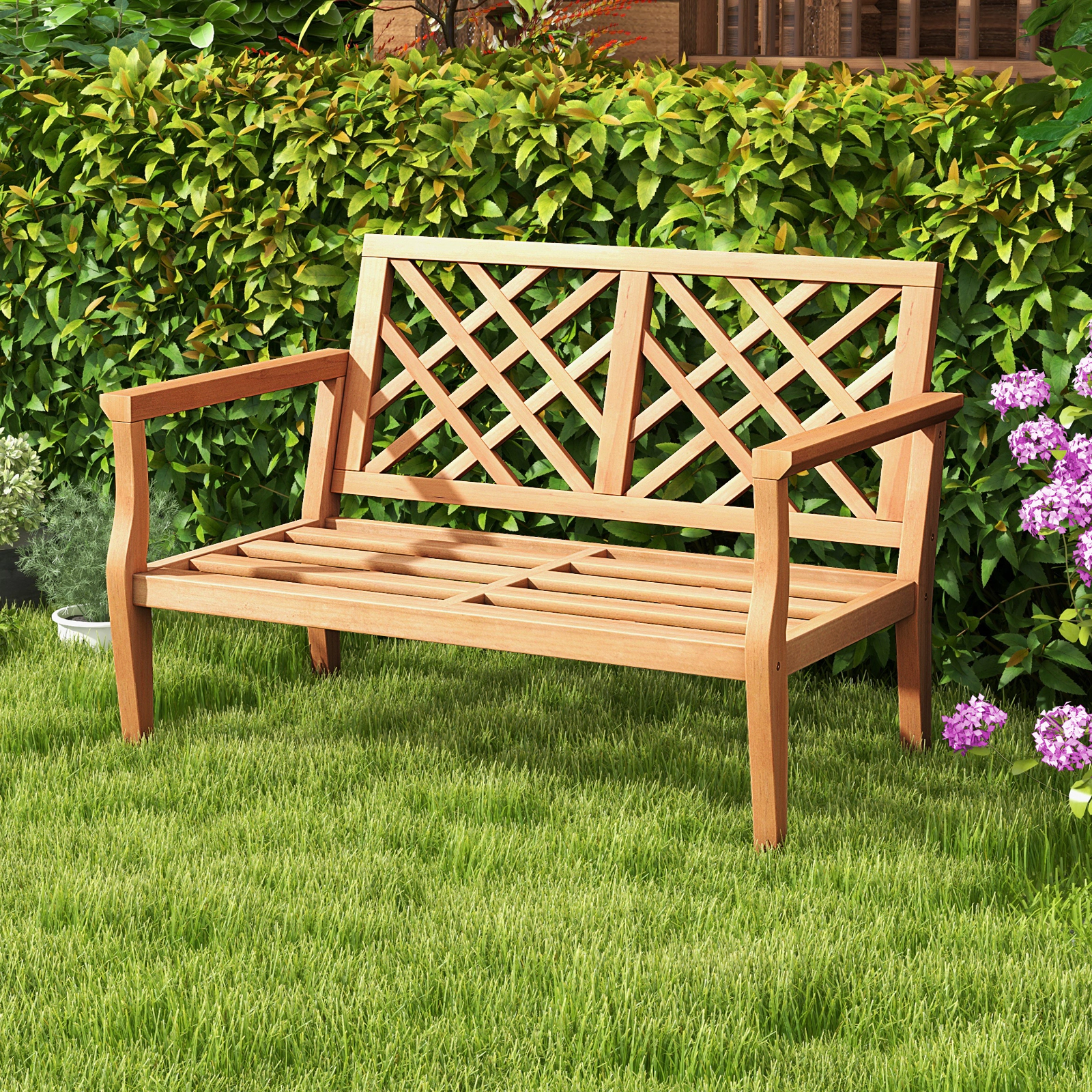 SUGIFT Lattice Backrest and Armrests 2-Person 52 Inch Outdoor Teak Wood Garden Bench