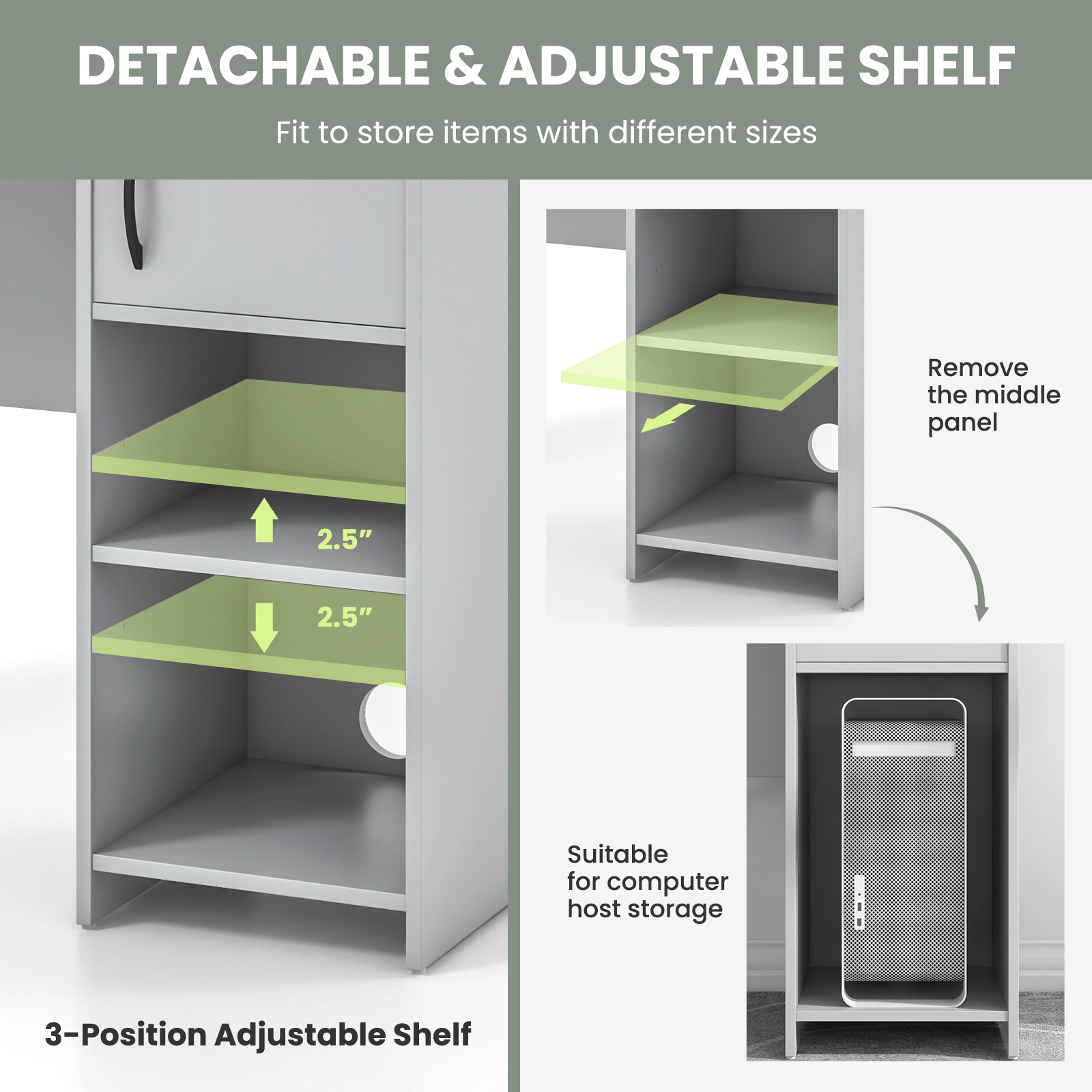 SUGIFT Gray Computer Desk with Hutch, Storage Shelves and Open Cabinet