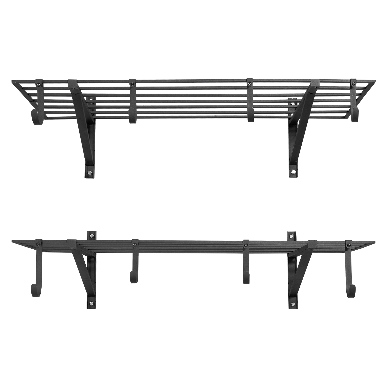 HONGGE 2-Tier Heavy Duty Wall Garage Shelving Steel Wall Mounted Shelving Unit with Hooks Per Shelf Floating Storage
