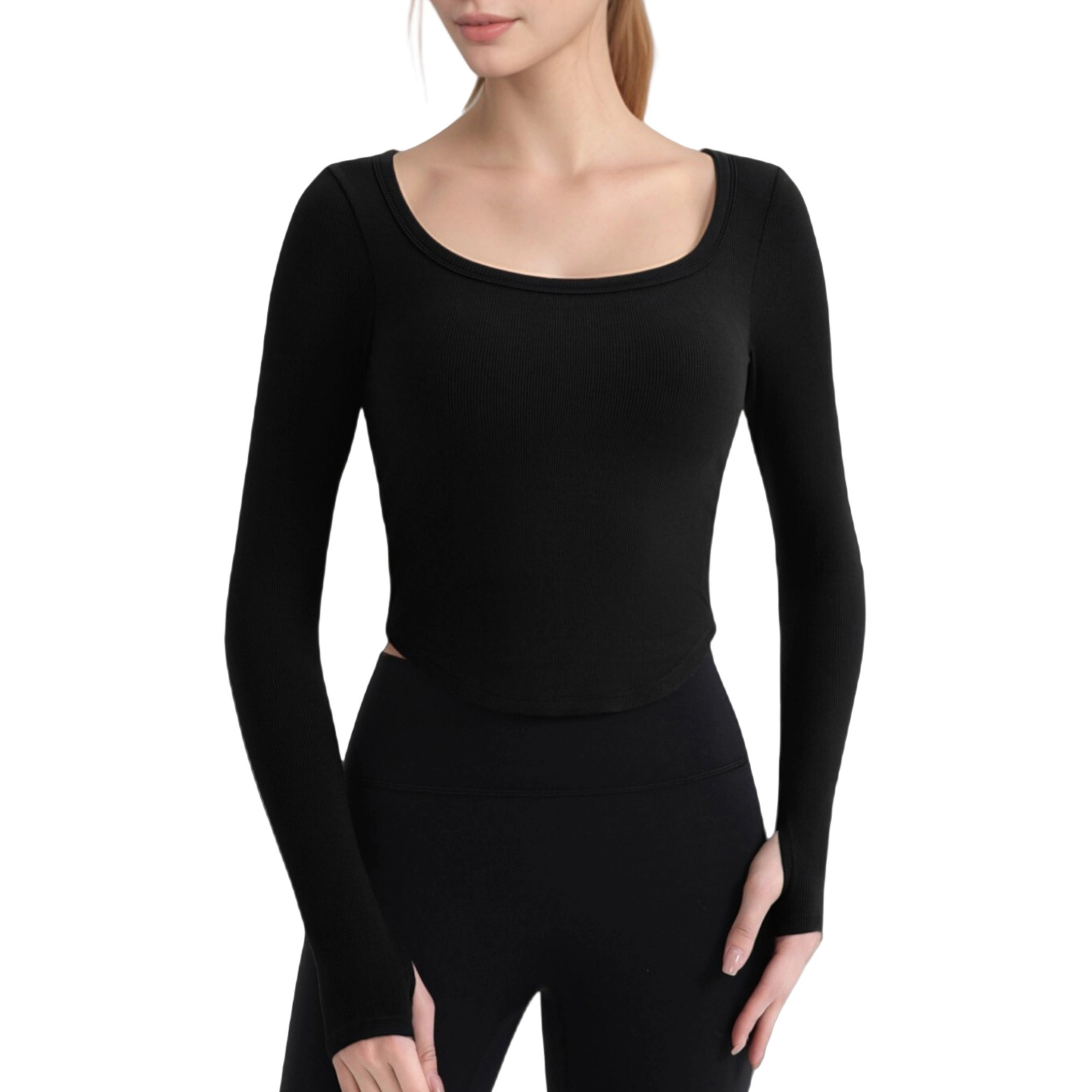 Anna-Kaci Women's Long Sleeve Pullover Top with Deep Scoop Neck and Fitted Stretch Design