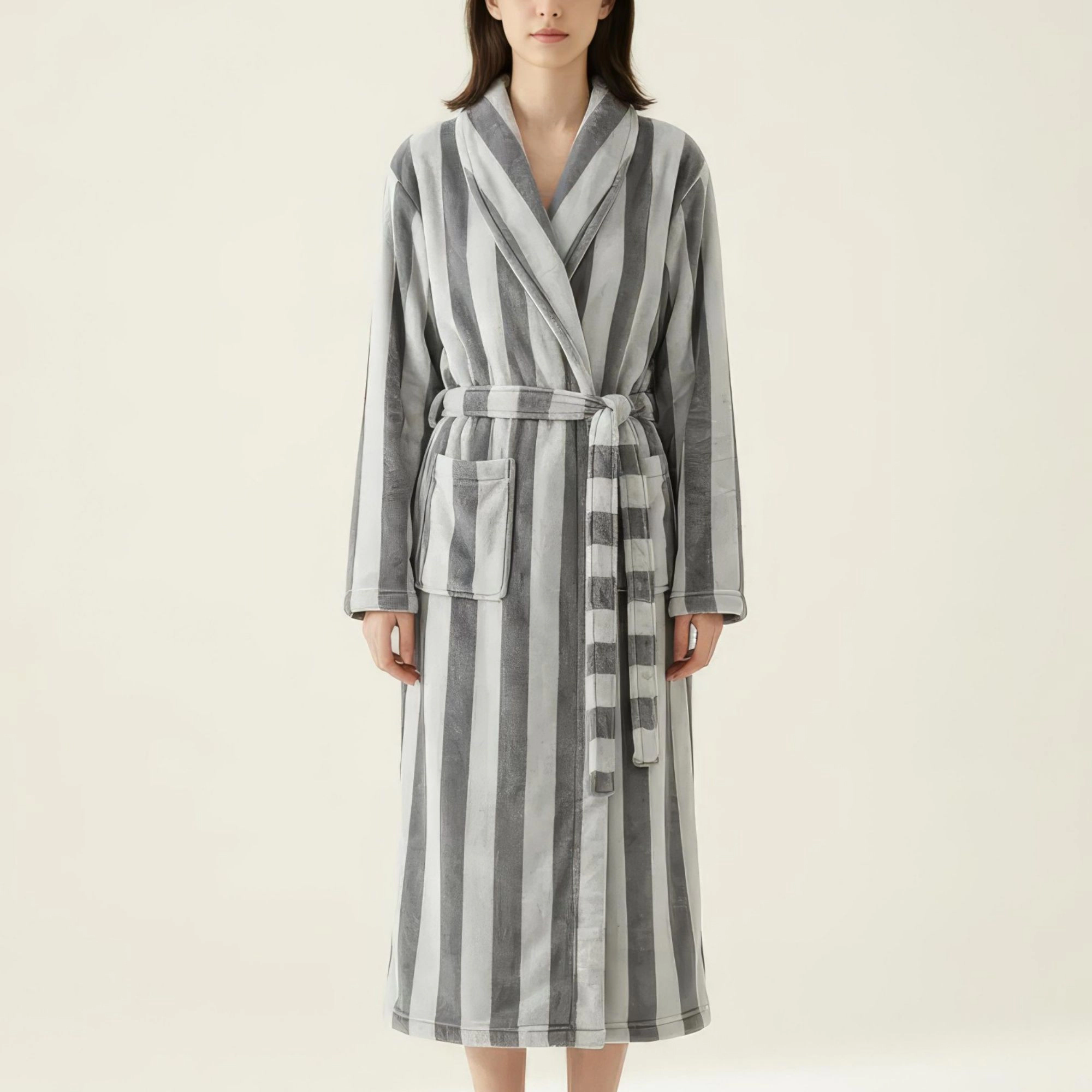 Anna-Kaci Women's Striped Plush Long Robe with Shawl Collar Tie Waist Belt Soft Textured Full Length Bathrobe
