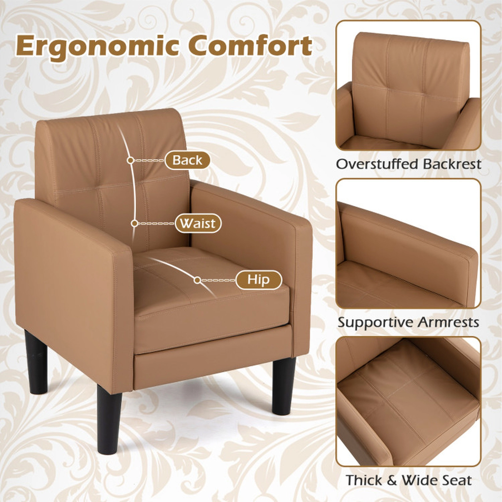 SUGIFT Brown Removable Seat Cushion 350-lb Set of 2 Faux Leather Accent Chairs