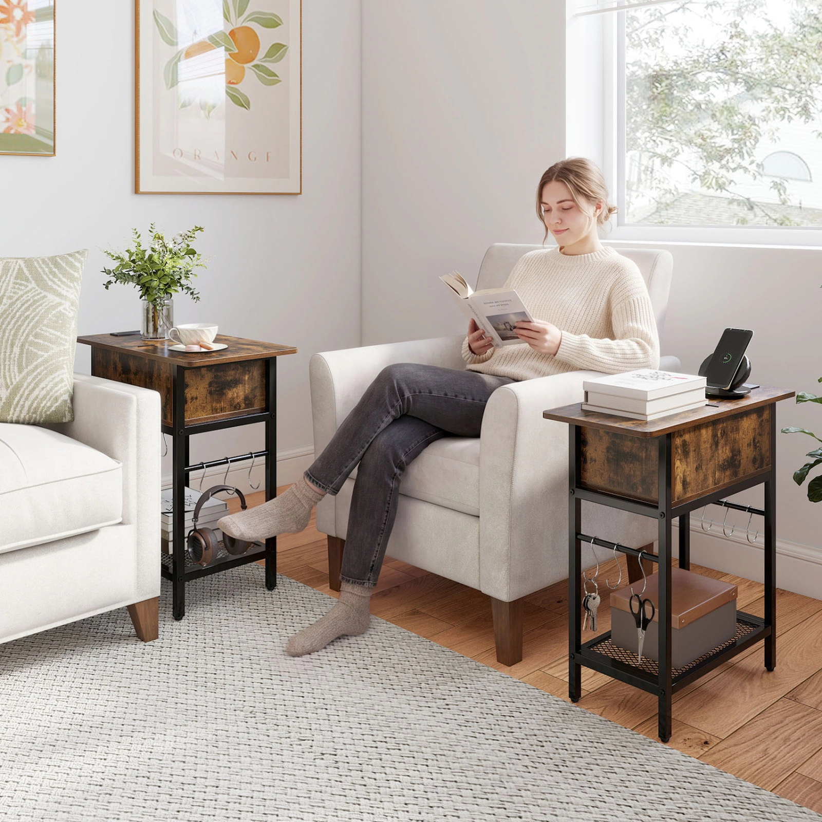 SUGIFT Set of 2 End Tables with Charging Station Hidden Compartment 66-Lb Tabletop Rustic Brown & Black