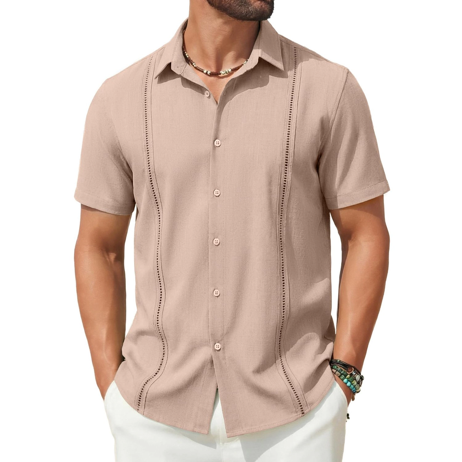 COOFANDY Mens Short Sleeve Button Down Shirt  Camp Collar Pleated Casual Tops
