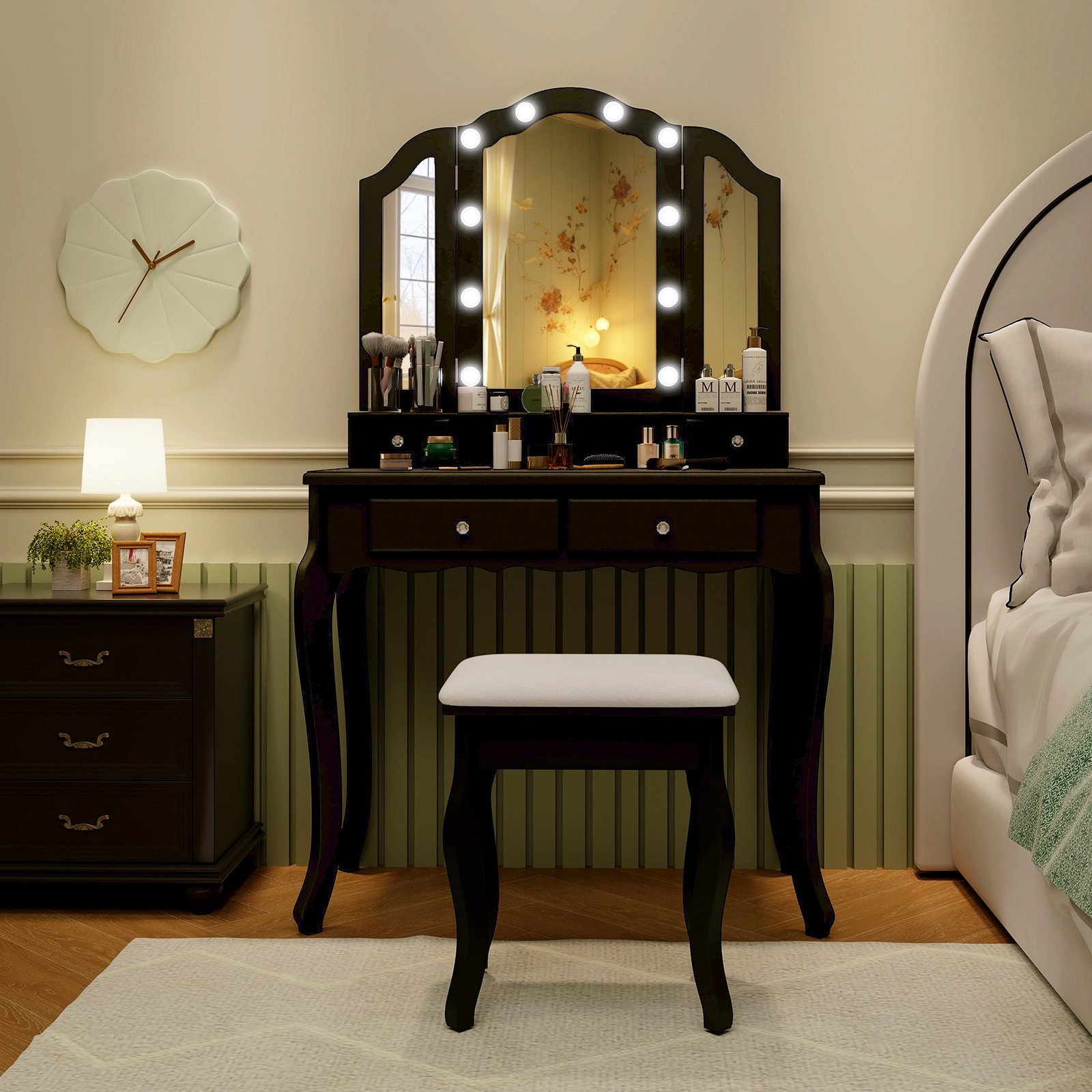 SUGIFT Lighted Tri-Folding Mirror Makeup Vanity Table Set with Drawers & Cushioned Stool 200-lb Tabletop Capacity 330-lb
