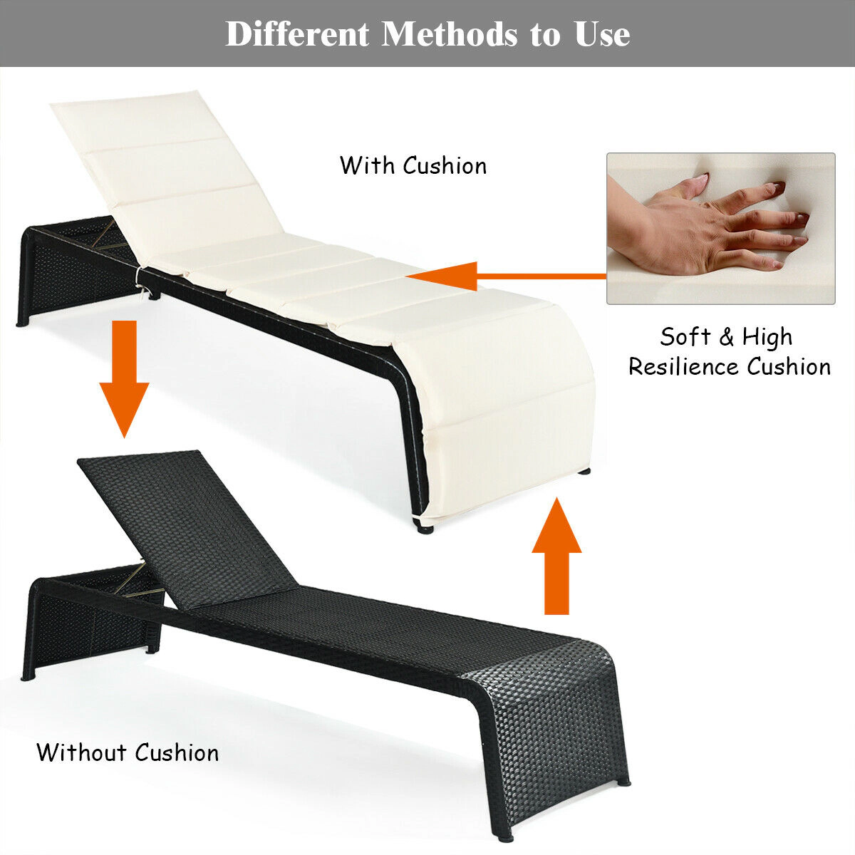 SUGIFT White 5-Position Backrest Cushioned 700-lb Capacity 85 in Patio Rattan Chaise Recliner