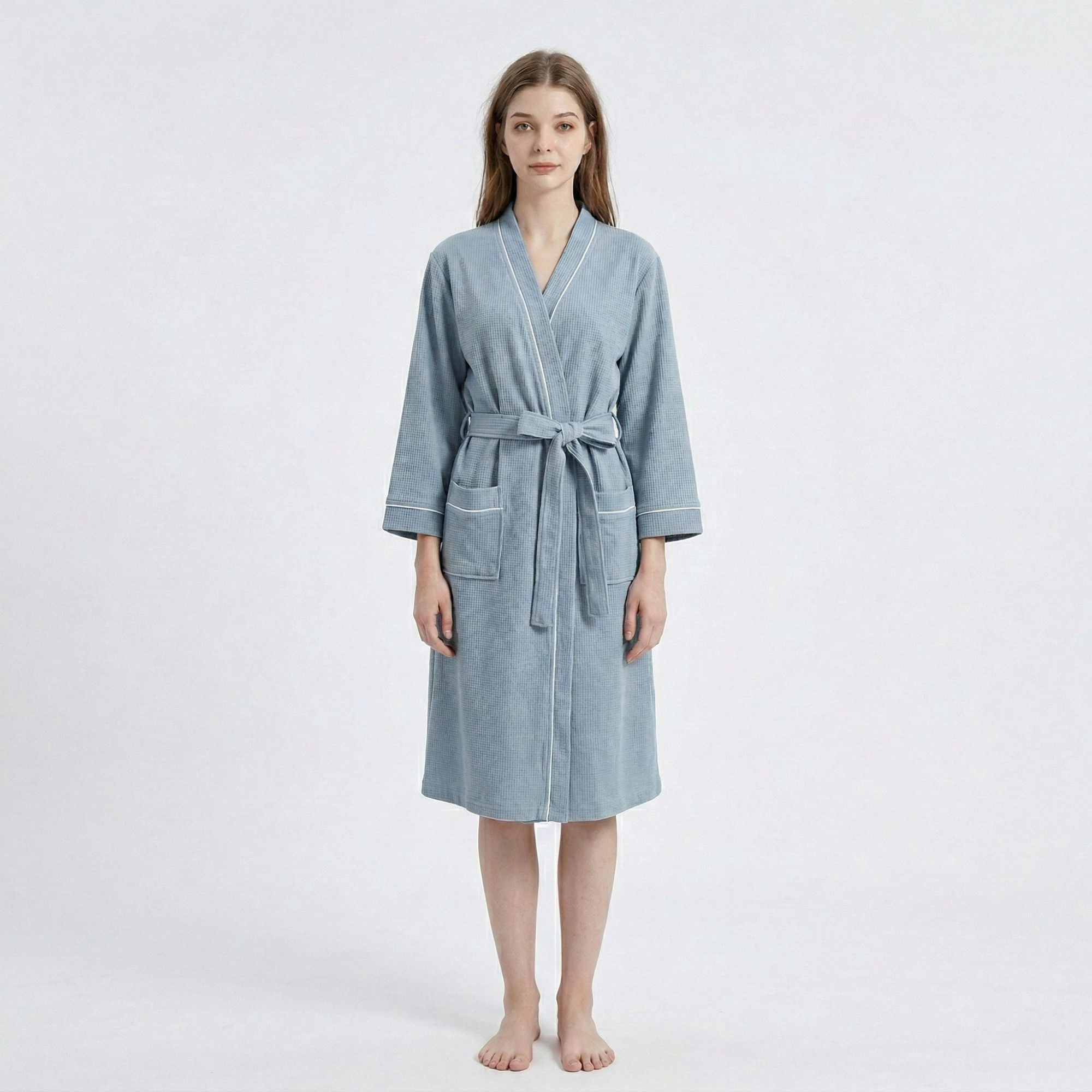 Anna-Kaci Women's Waffle Knit Long Sleeve Bathrobe with Adjustable Waist Tie Belt and Front Patch Pockets