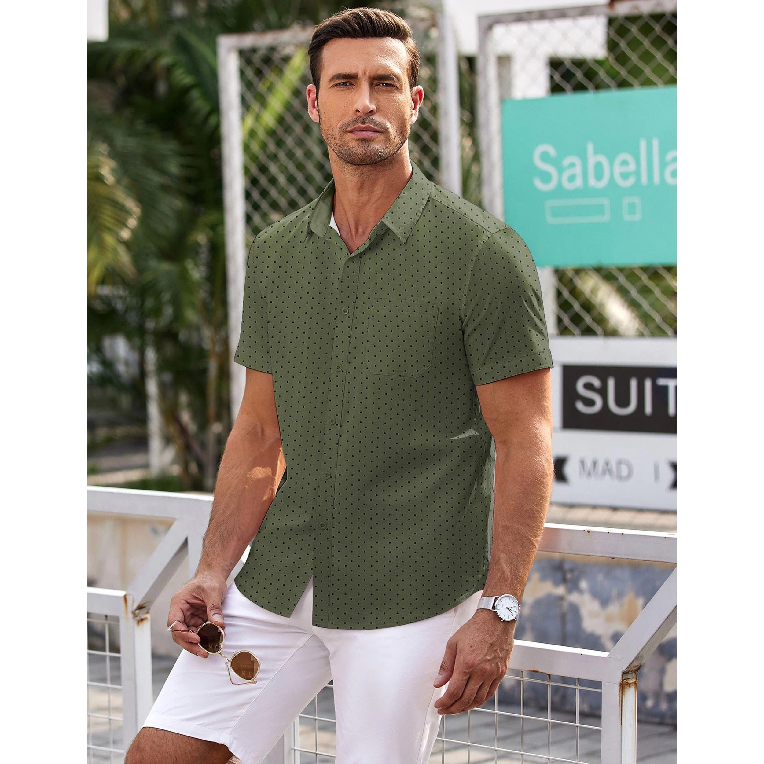 COOFANDY Mens Short Sleeve Button Down Shirts Polka Dot Lapel Collar  Tops