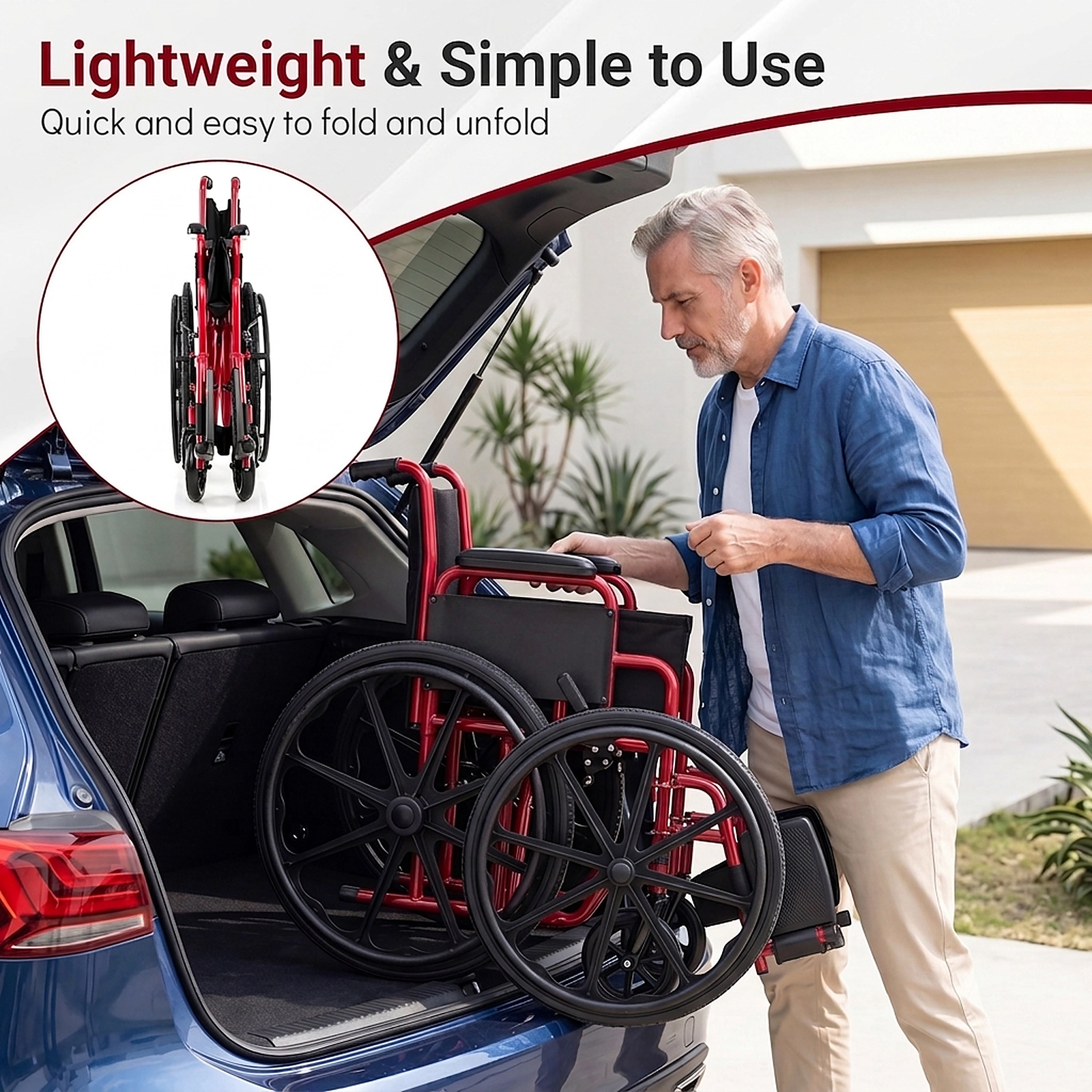 SUGIFT Red Folding Wheelchair, 330-Lb Capacity, Swing-Away Footrests, Desk-Length Arms