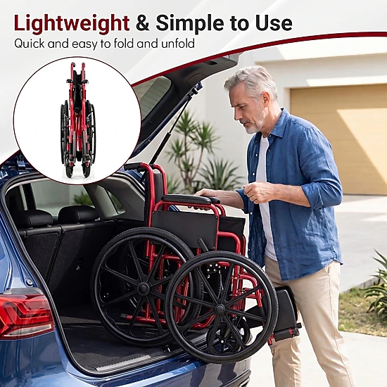 SUGIFT Red Folding Wheelchair, 330-Lb Capacity, Swing-Away Footrests, Desk-Length Arms