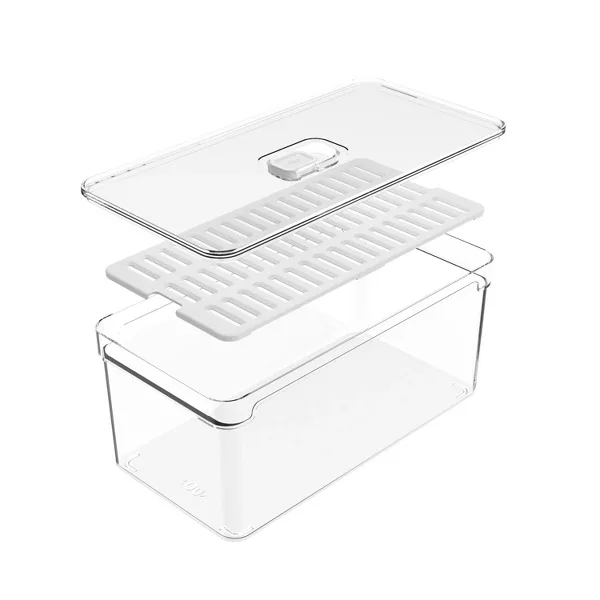 OU Fridge Organizer Bin w/ Vented Lid, Clear Stackable Refrigerator Storage Container w/ Drain Tray, 5.3 Quart Capacity