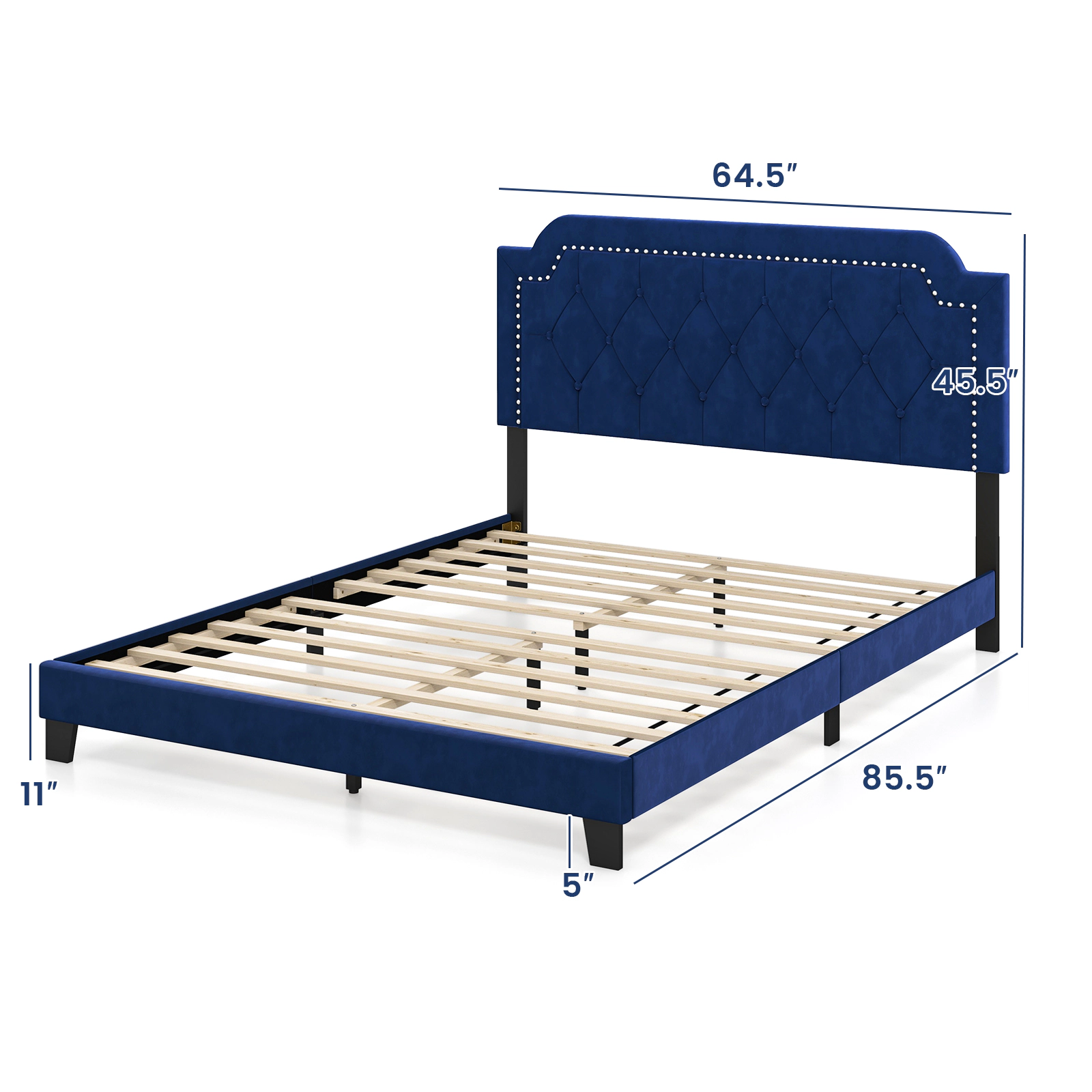 SUGIFT Velvet Upholstered Queen Bed Frame with Button Tufted Nailhead Headboard 800-Lb Capacity 85.5-in Length Blue