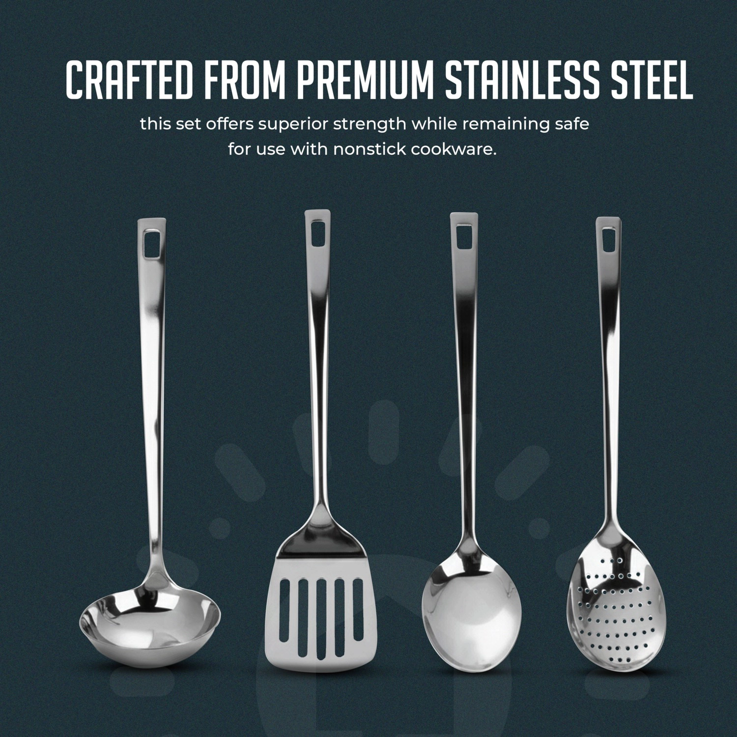 Luminuxe Stainless Steel Kitchen Utensil Set w/ Holder, 5pc Heat Resistant Kitchen Tools w Ladle Skimmer & Serving Spoon