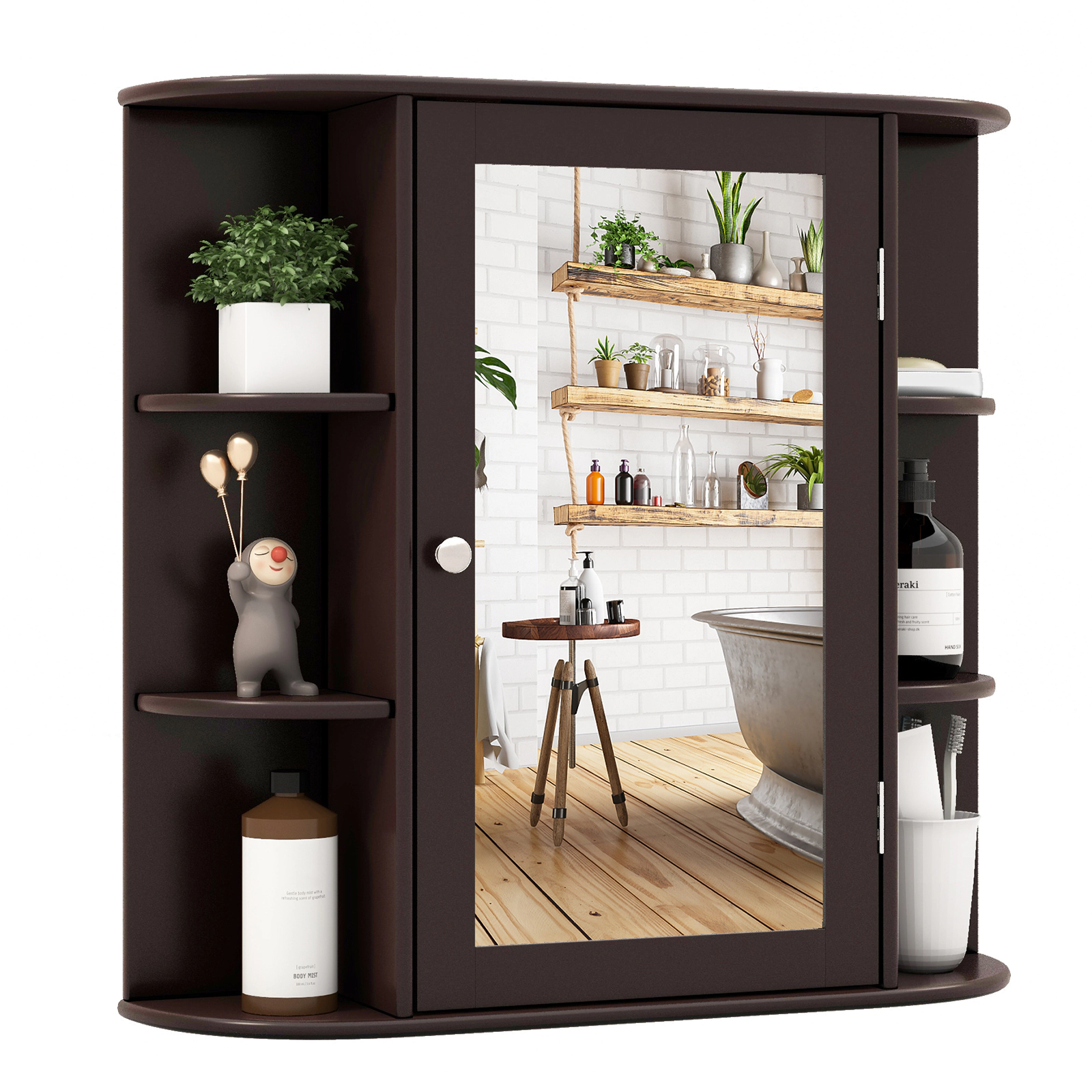 SUGIFT Wall-Mounted Bathroom Mirror Cabinet with Storage Shelves 44-lb Top Capacity 11-lb Shelves MDF 26-in Wide Brown
