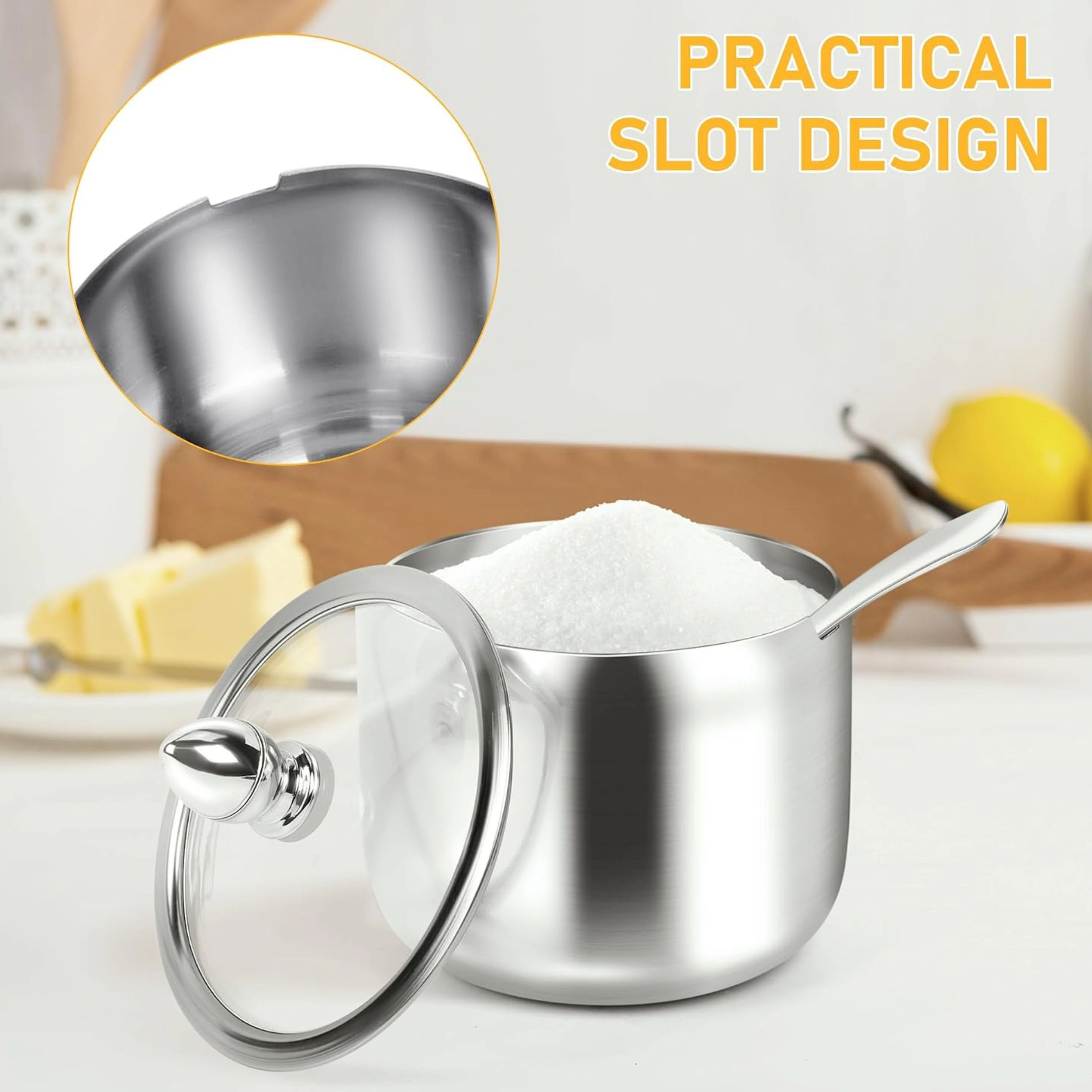 Stock Preferred Stainless Steel Sugar Bowl with Glass Lid and Spoon 16 oz