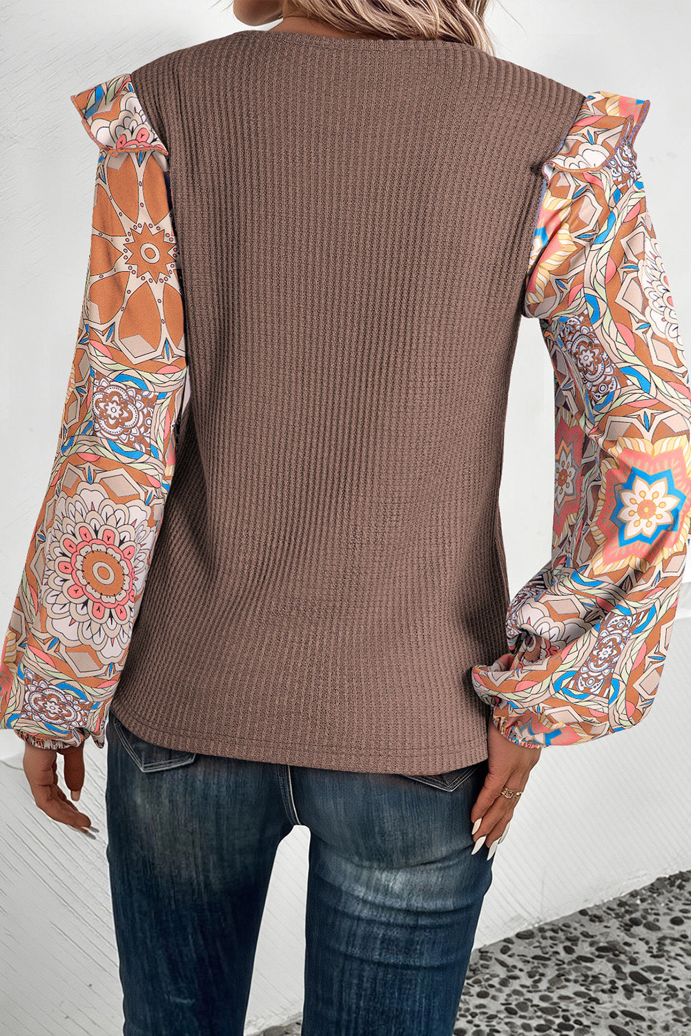 Sol Living Womens Ruffled Floral Sleeve Patchwork Waffle Knit O Neck Blouse
