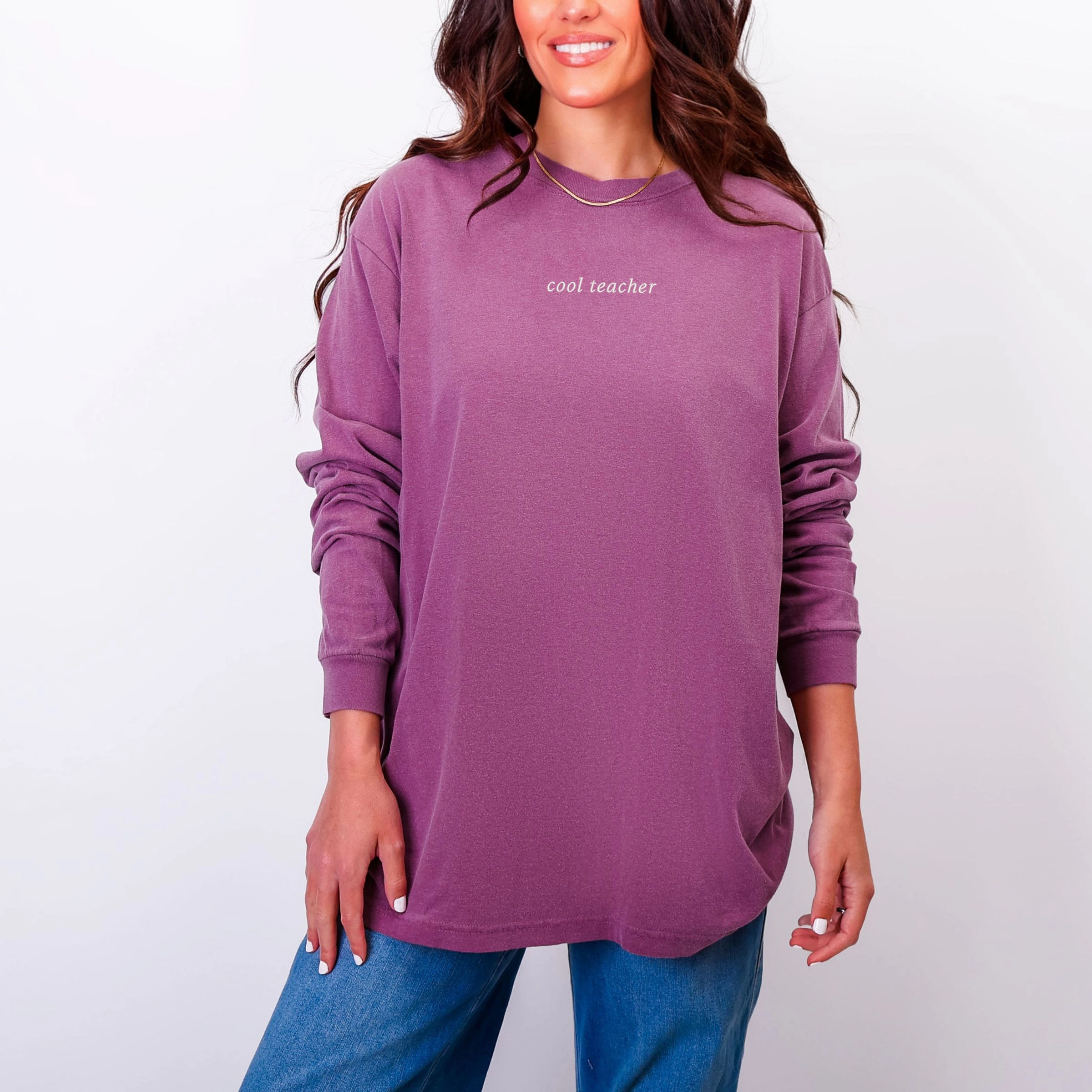 Simply Sage Market - Embroidered Cool Teacher Women's Garment Dyed Long Sleeve Graphic T-Shirt