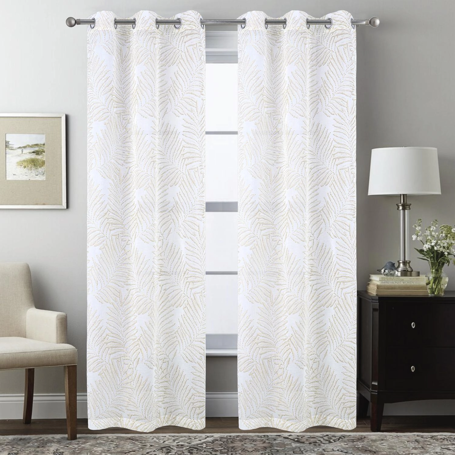 RT Designers Collection Faye Grommet Metallic Sheer Printed Doily Curtain Panel 54" x 84" Taupe