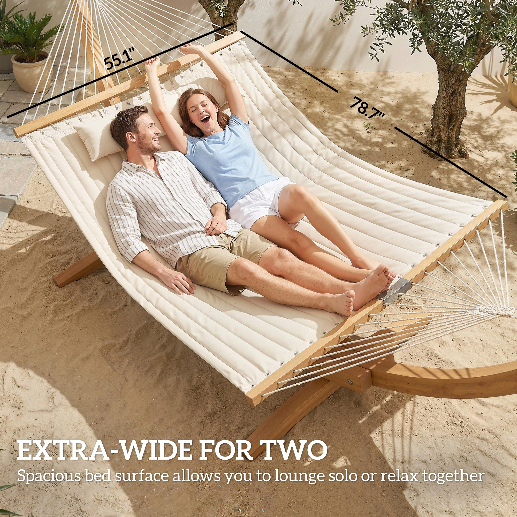 HONGGE 2-Person Quilted Outdoor Hammock with Pillow and Beechwood Spreader Bars, 440 Lbs Capacity