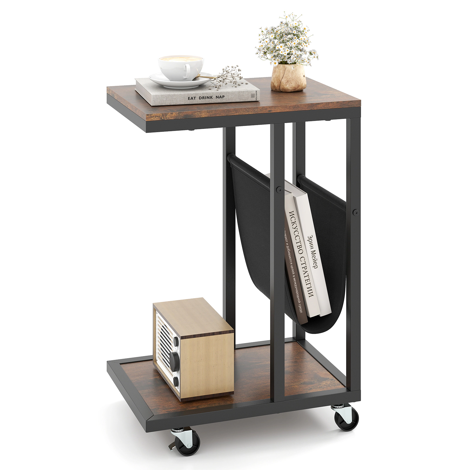 Glintex C-Shaped Side Table with Canvas Storage Pouch and Rolling Casters, Rustic Brown