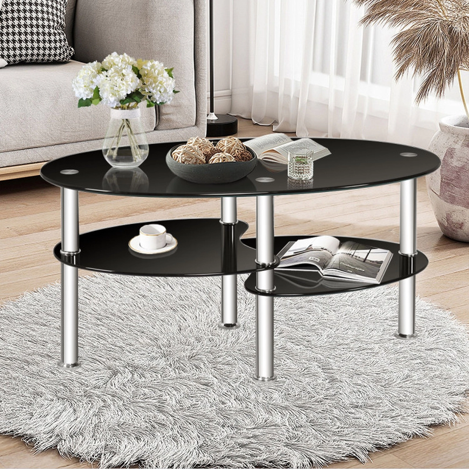 SUGIFT Tempered Glass Oval Side Coffee Table with 2 Shelves 90-lb Top Capacity 35-in Long Black/Transparent