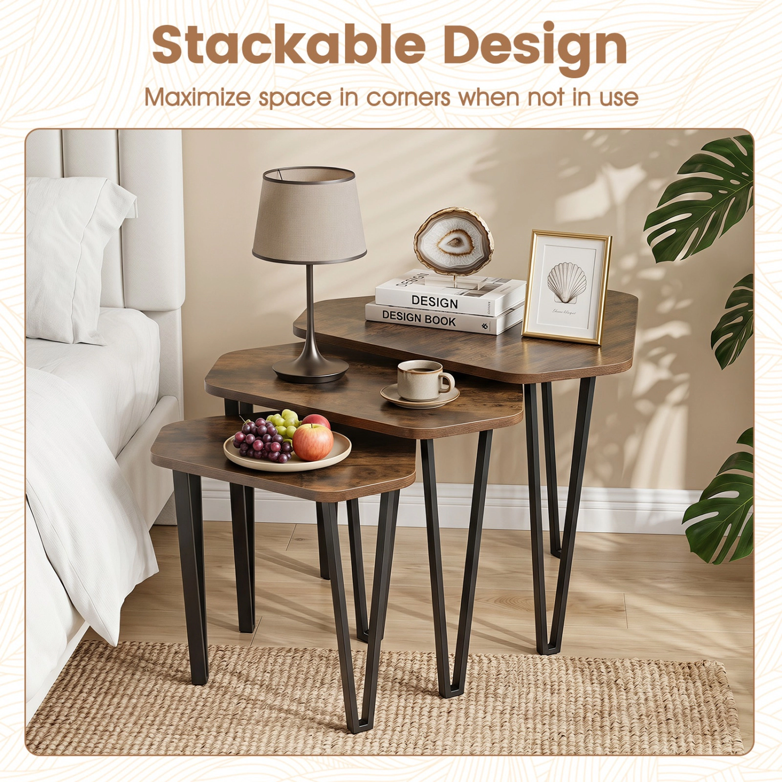 SUGIFT Set of 3 Nesting Engineered Wood Top Metal Legs Coffee Tables 23-in x 21-in x 18-in 44-lb Capacity Rustic Brown