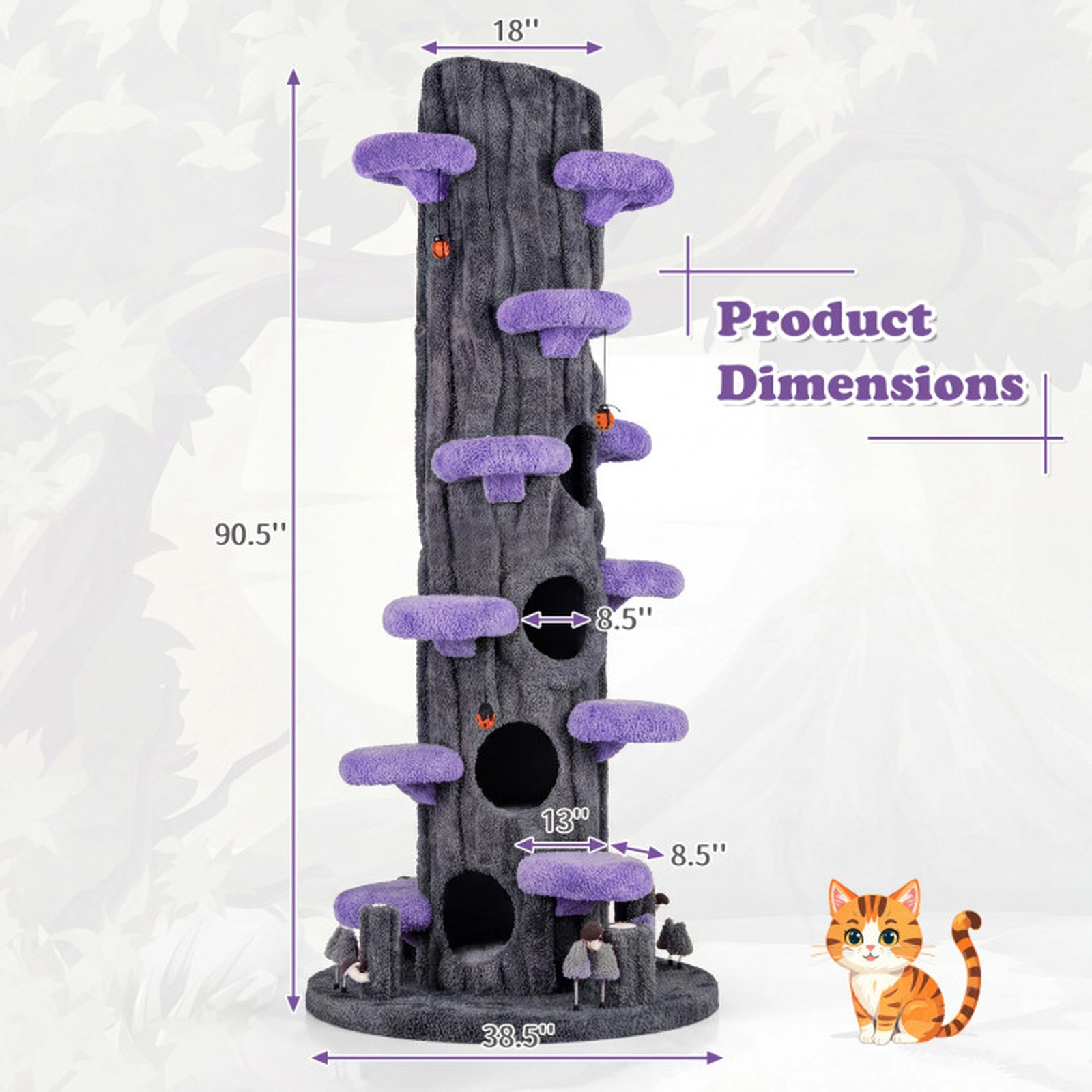 SUGIFT Purple 90.5-in Tall Multifunctional Cat Tree with Private Condos and Sisal Scratching Panel